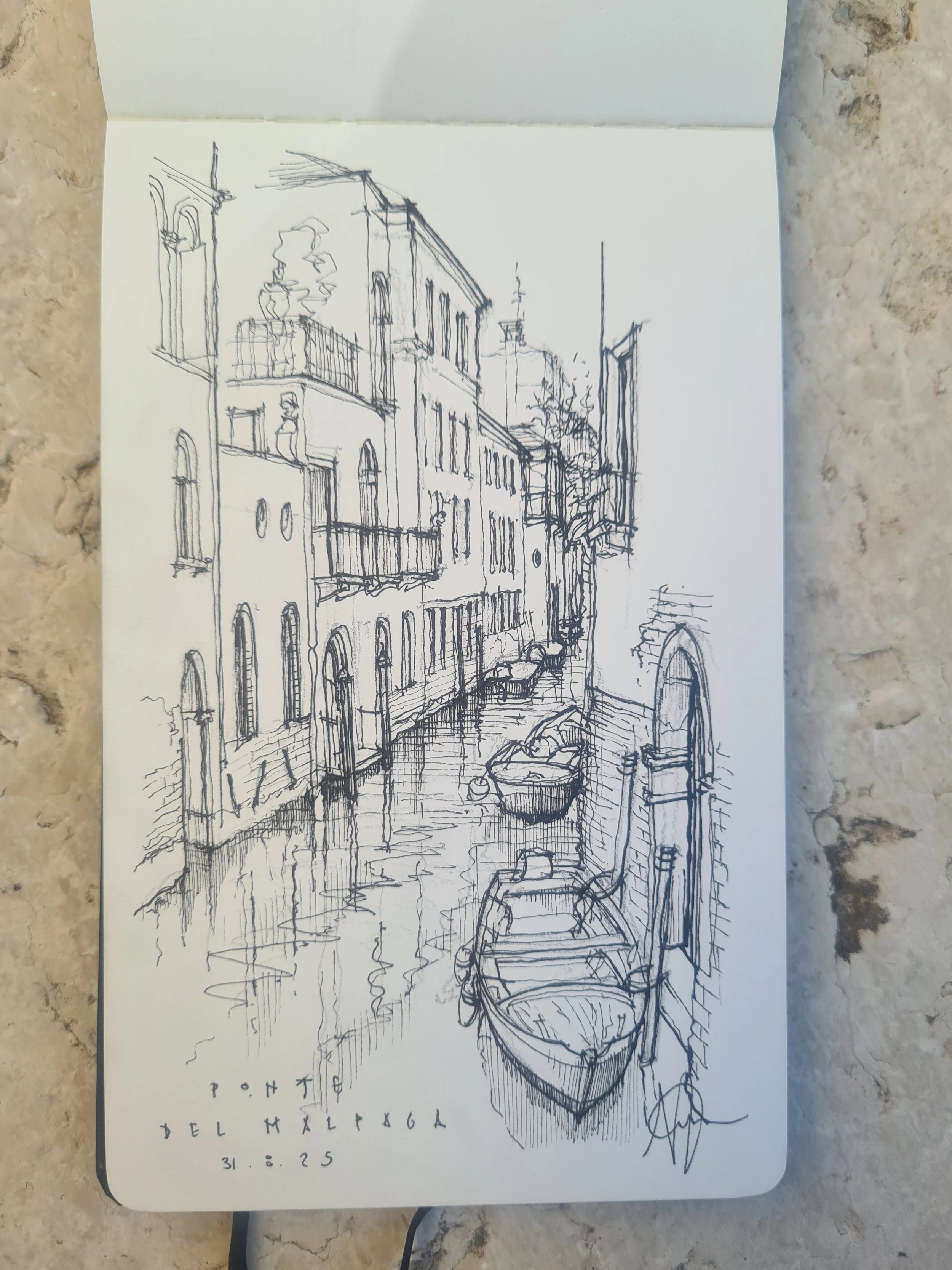 A detailed sketch of a canal scene in Venice, Italy, featuring boats tied to the side, old buildings with balconies and windows, and a narrow waterway.