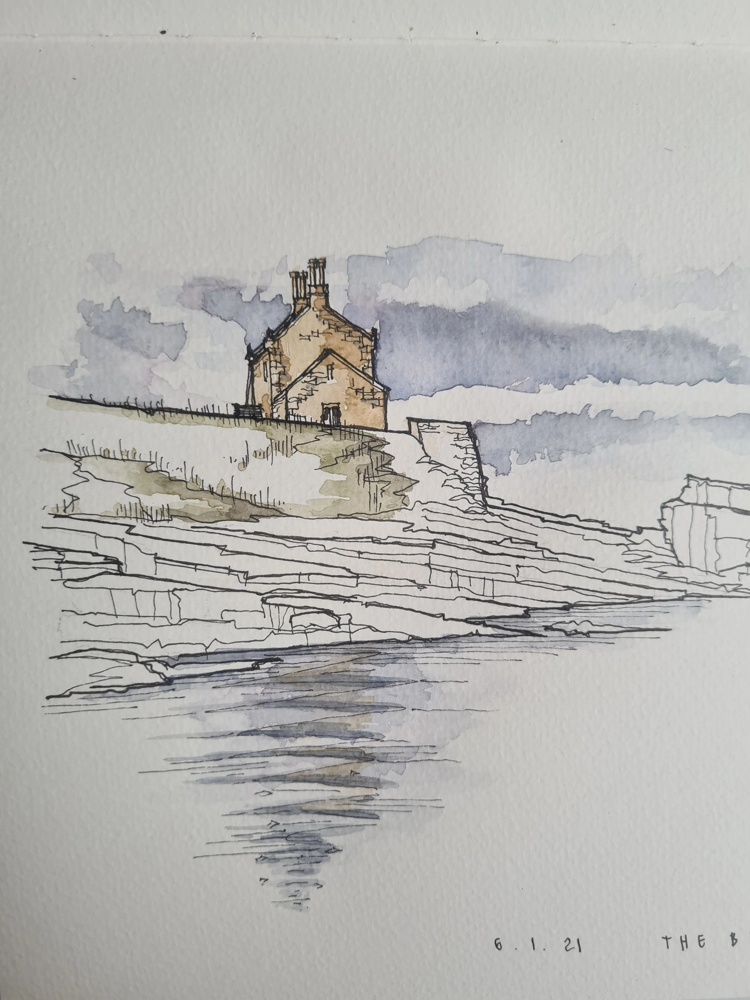 Watercolor sketch of a small building on a hill, with cloudy sky and water reflections at the bottom.