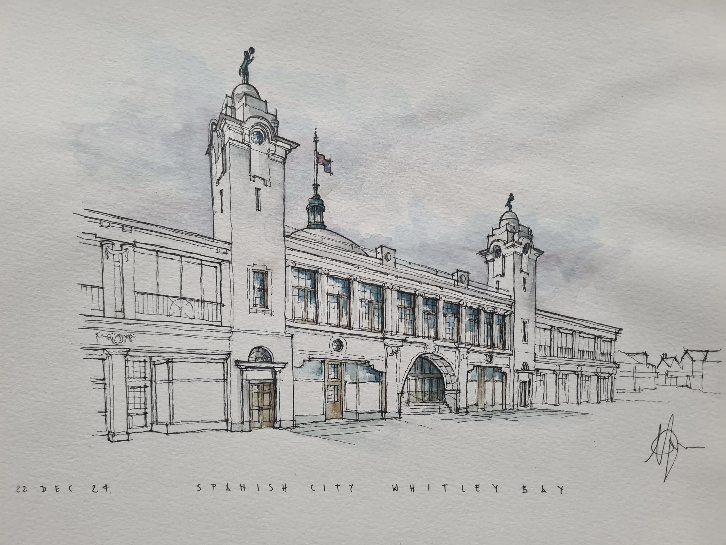 A watercolor sketch of the Whitley Bay municipal building in Spanish City, Spain, with two towers and flags on top, set against a cloudy sky.