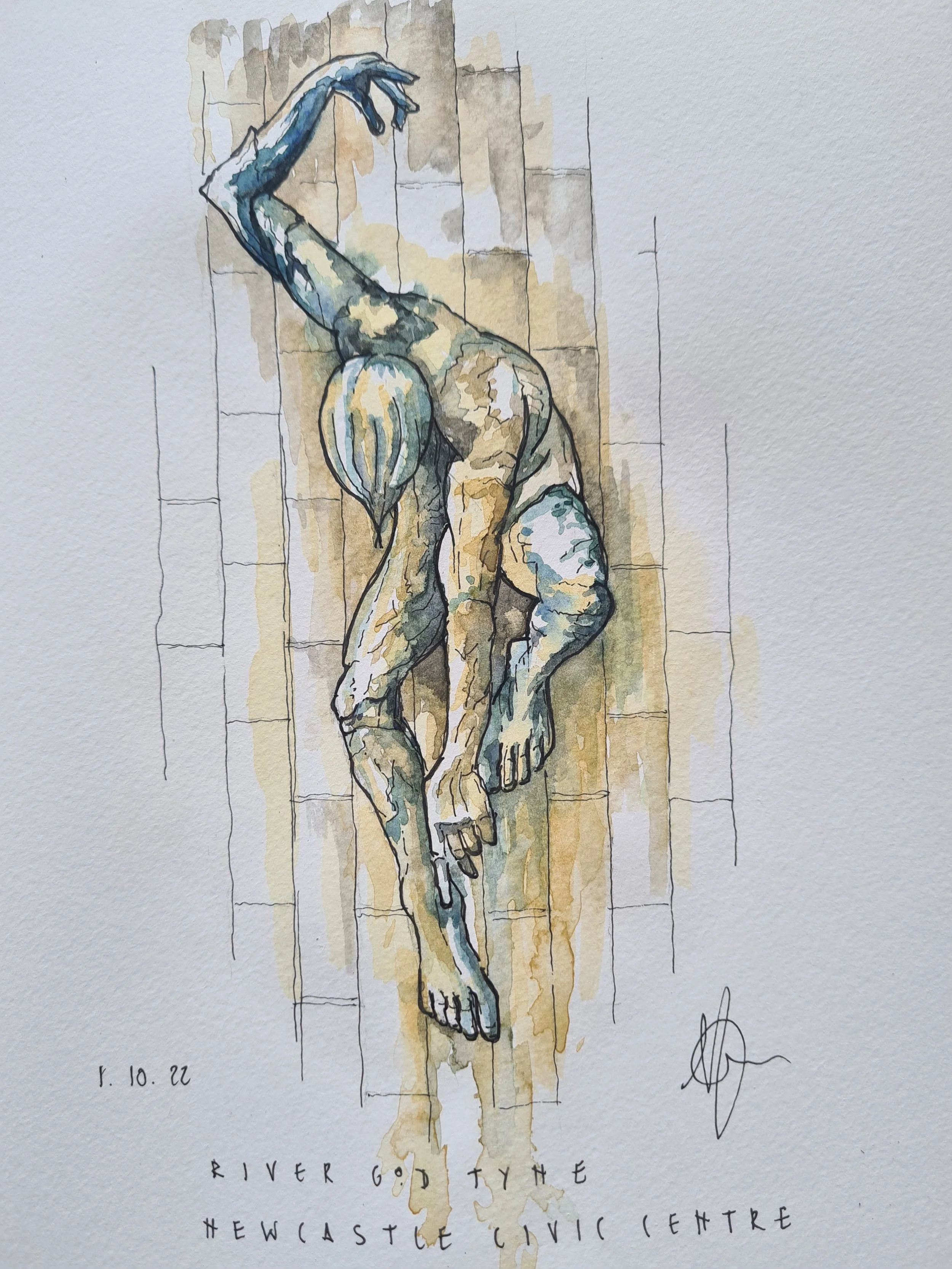 Watercolor painting of a figure with a hunched stance, touching the ground with one hand, heads bowed with long hair covering the face, against a textured wall background, labeled 'River Goythe, Newcastle Civic Centre' with the date 22.10.22.