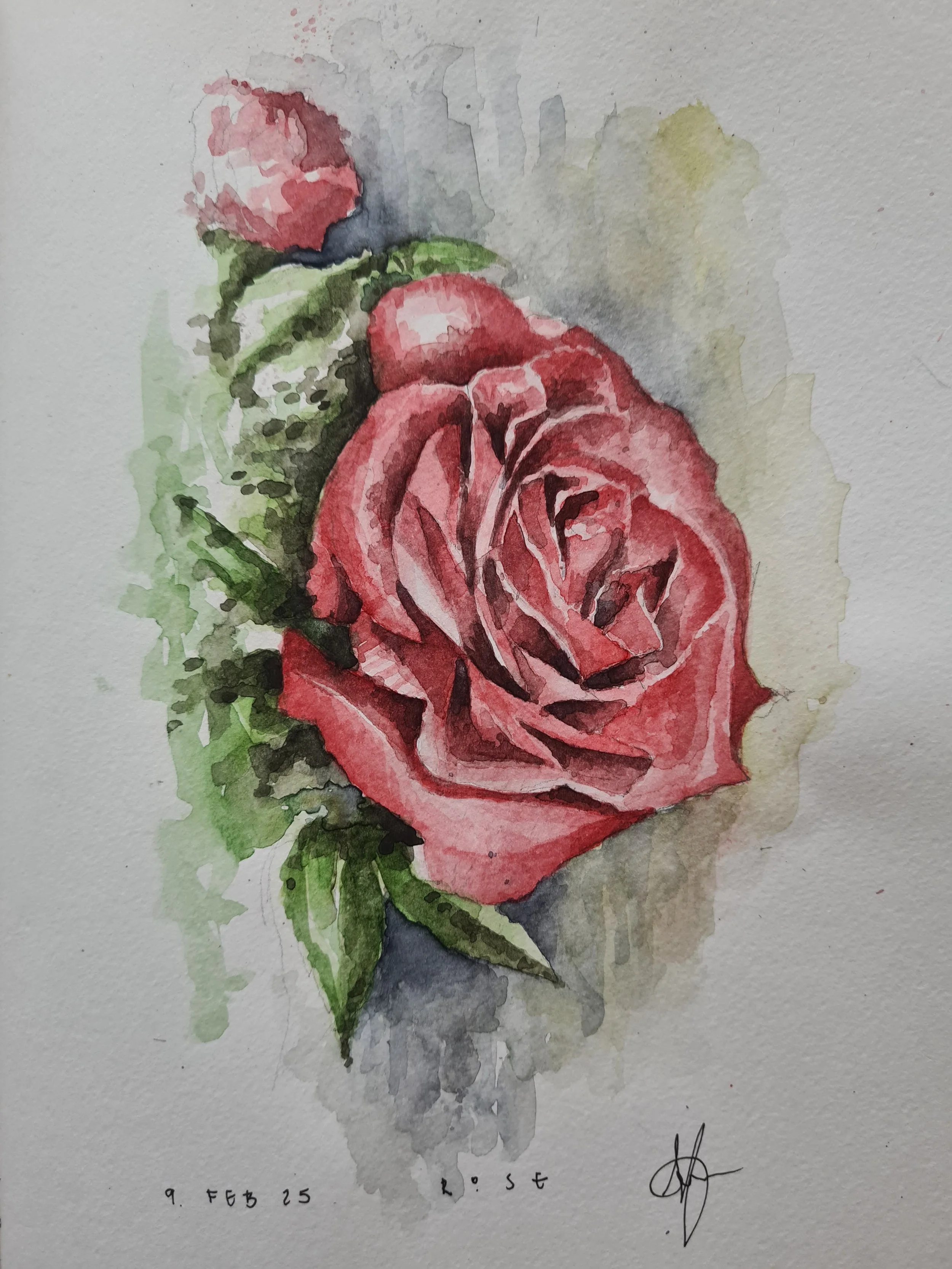 Watercolor painting of a pink rose with green leaves on a textured paper background.