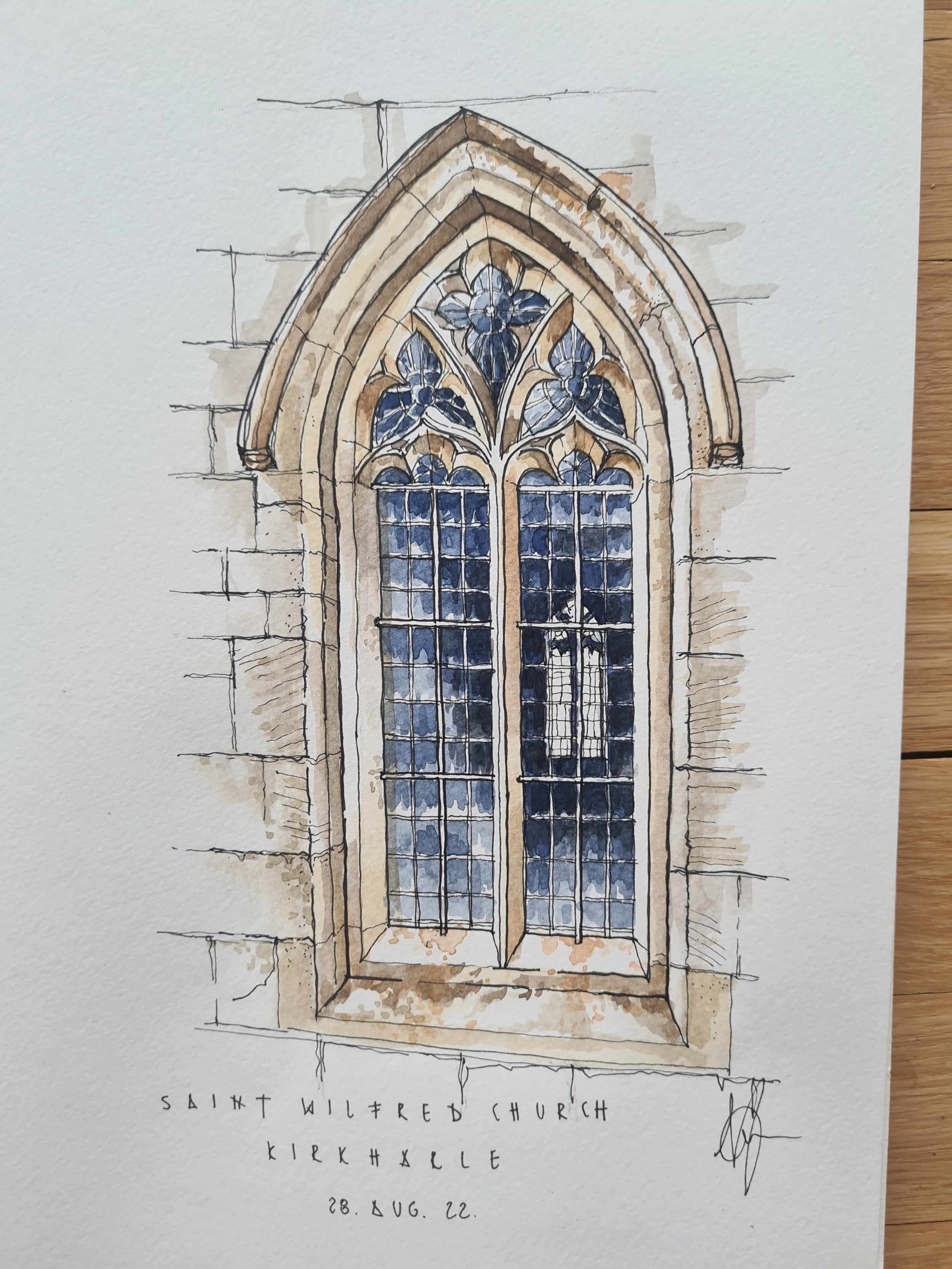 Watercolor sketch of a church window with Gothic arch and stained glass, labeled as Saint Wilfred Church, Keele, dated August 28, 2022.