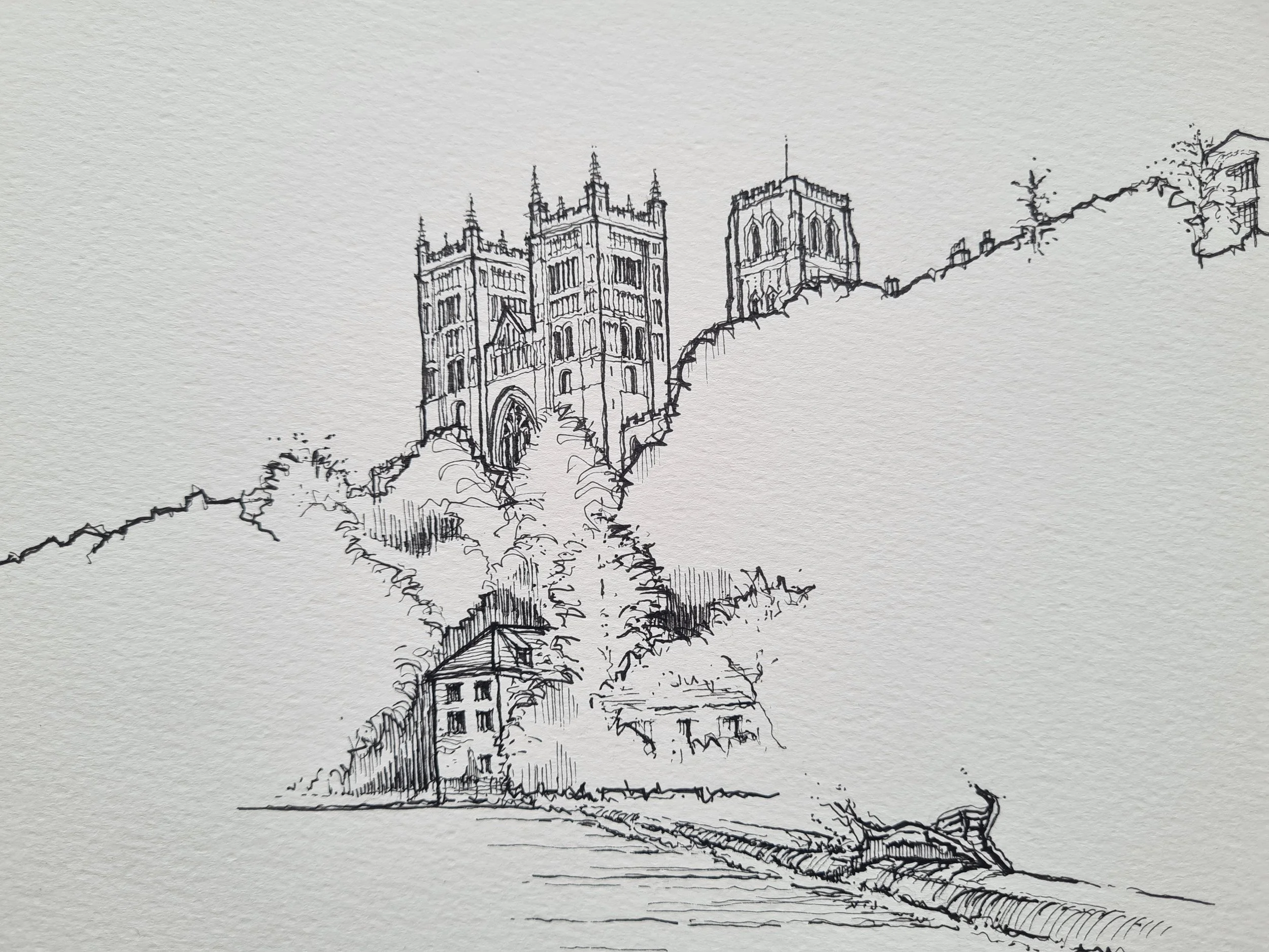 A black and white sketch of a castle on a hill, with a road and trees in the foreground.