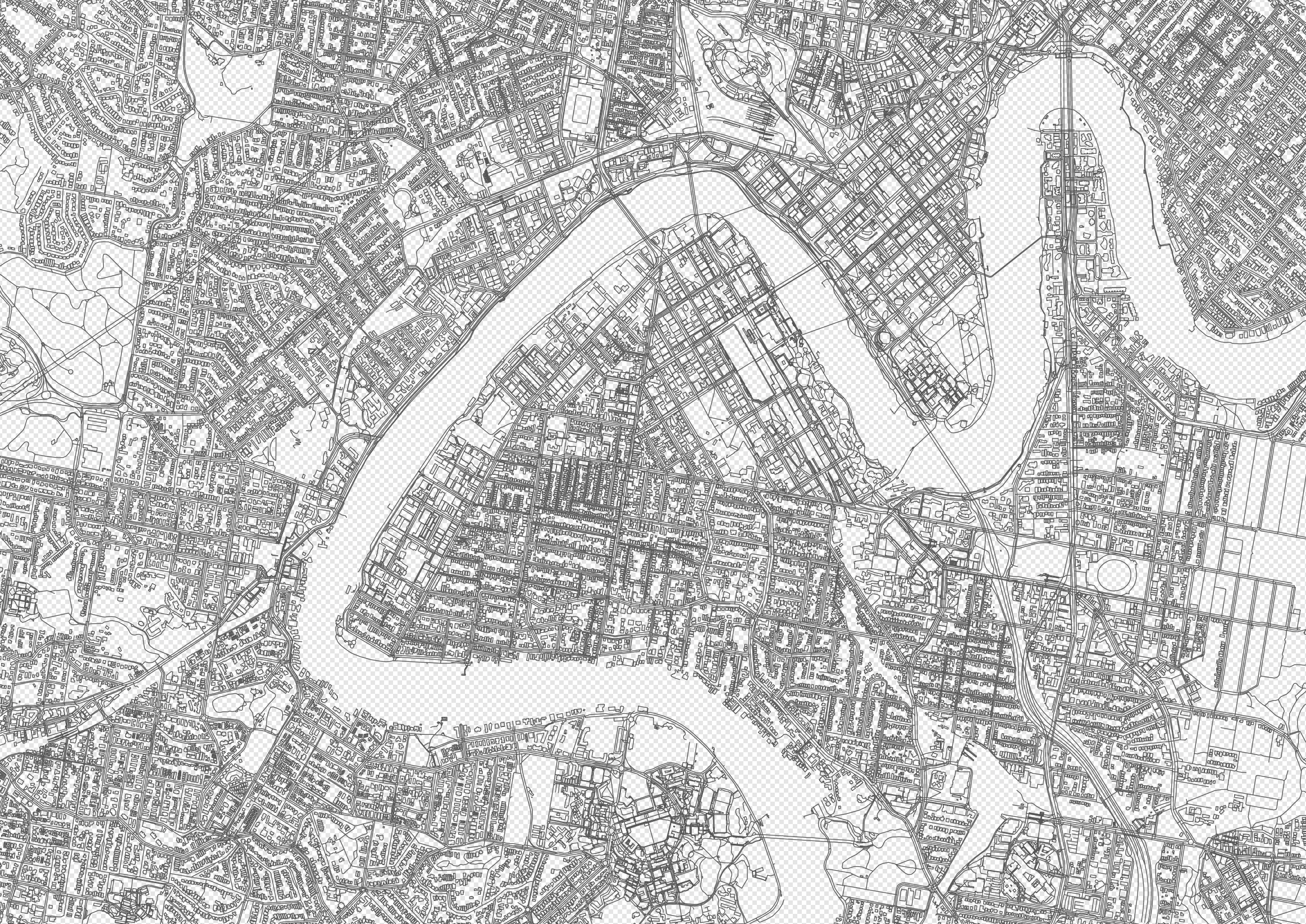Black and white map of an urban area showing streets, waterways, and land parcels.