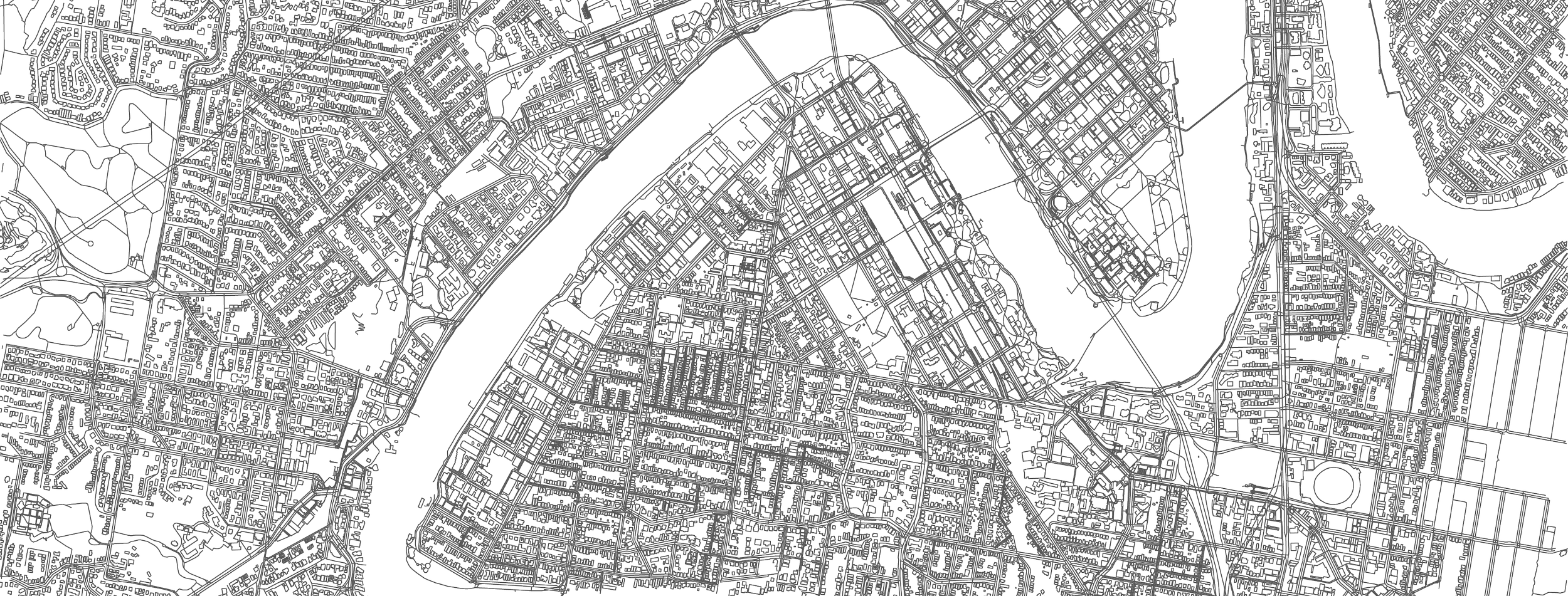 A black and white map of a city showing streets, roads, and a river running through it.