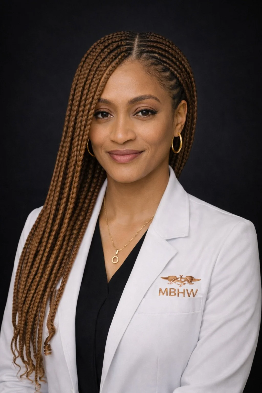 A woman with long braided hair, wearing a white medical coat with 'MBHW' embroidered, gold hoop earrings, and a gold necklace, smiling against a dark background.