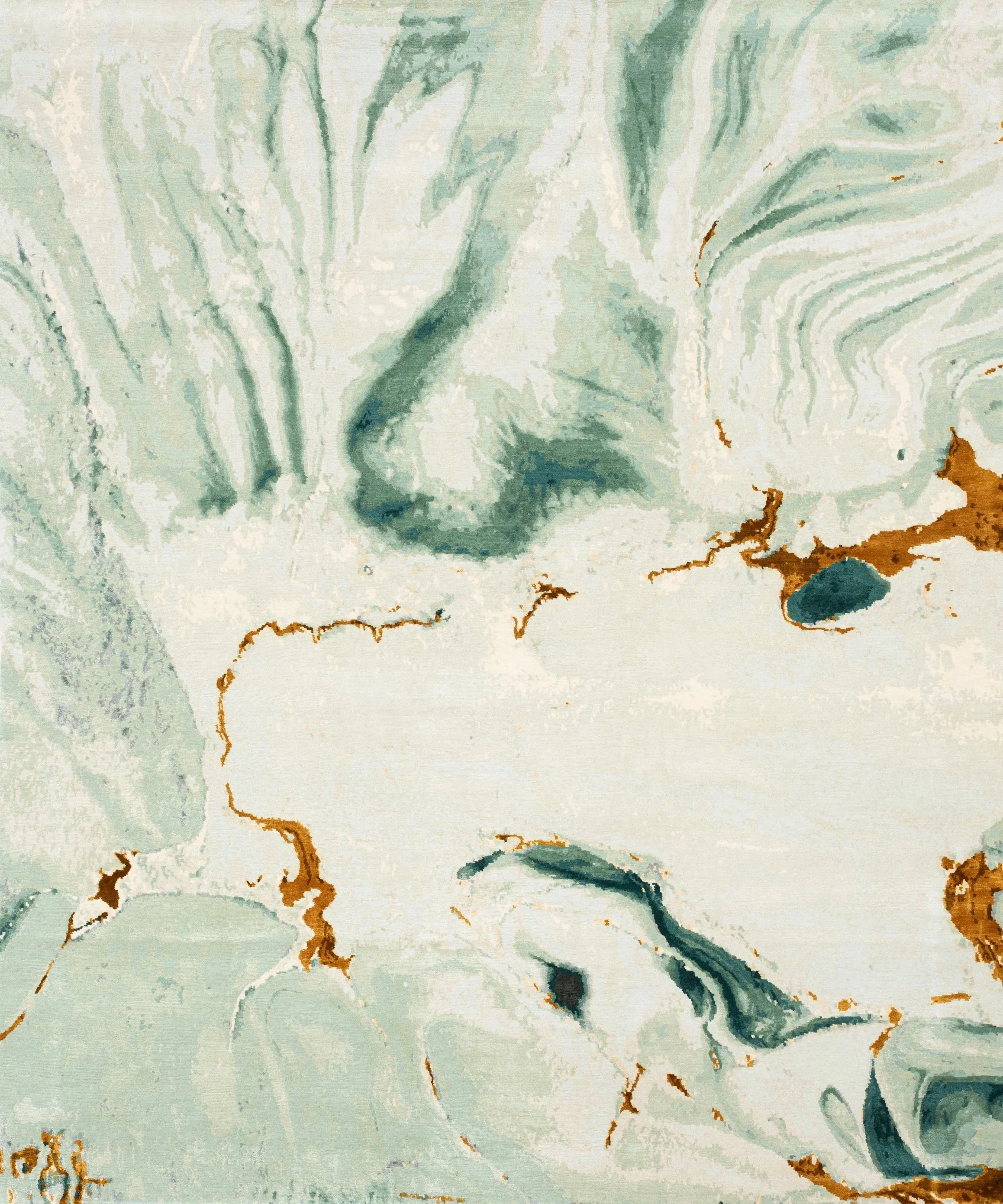 Close-up of a patterned marble or artistic surface with swirls of light green, white, dark green, and brown.