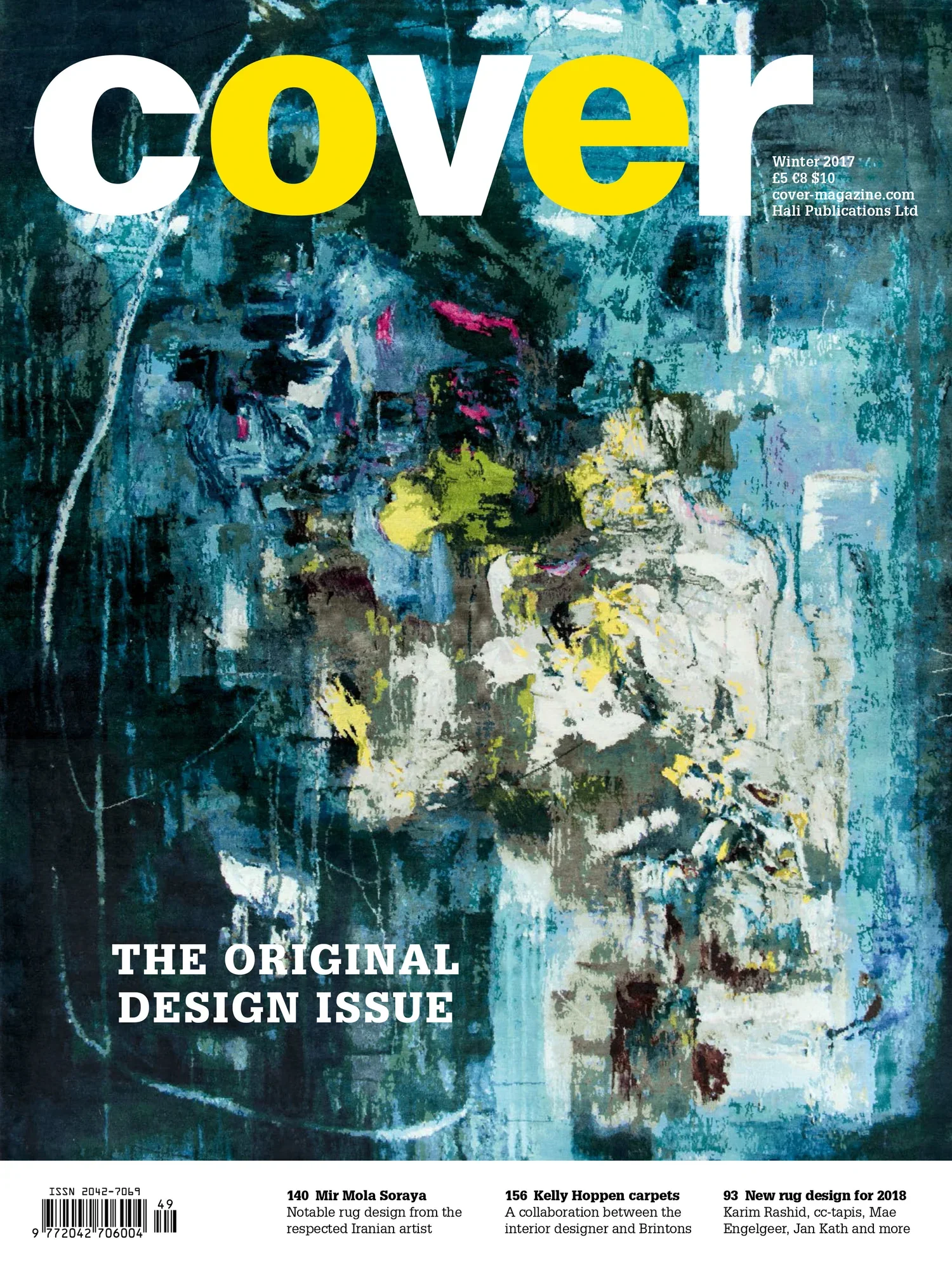 Cover of a magazine featuring an abstract painting with a dark background and vibrant splashes of color, including yellow, pink, white, and blue, with the title 'cover' in large white and yellow text.