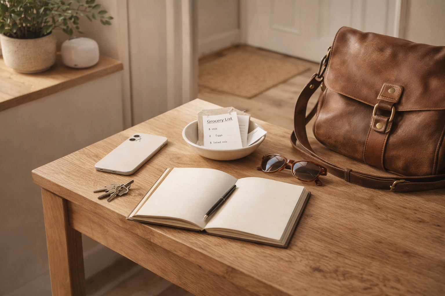 A wooden table with a brown leather bag, sunglasses, keys, an open notebook, a smartphone, and a grocery list in a white bowl, in a cozy home setting.