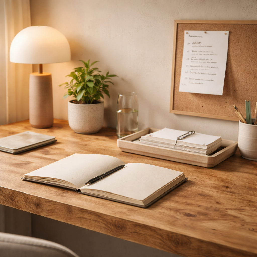 A wooden desk with an open notebook and a black pen, a closed notebook, a tray with stacked papers, a glass of water, a potted plant, a table lamp, a corkboard with a paper pinned, and a small container with pencils.