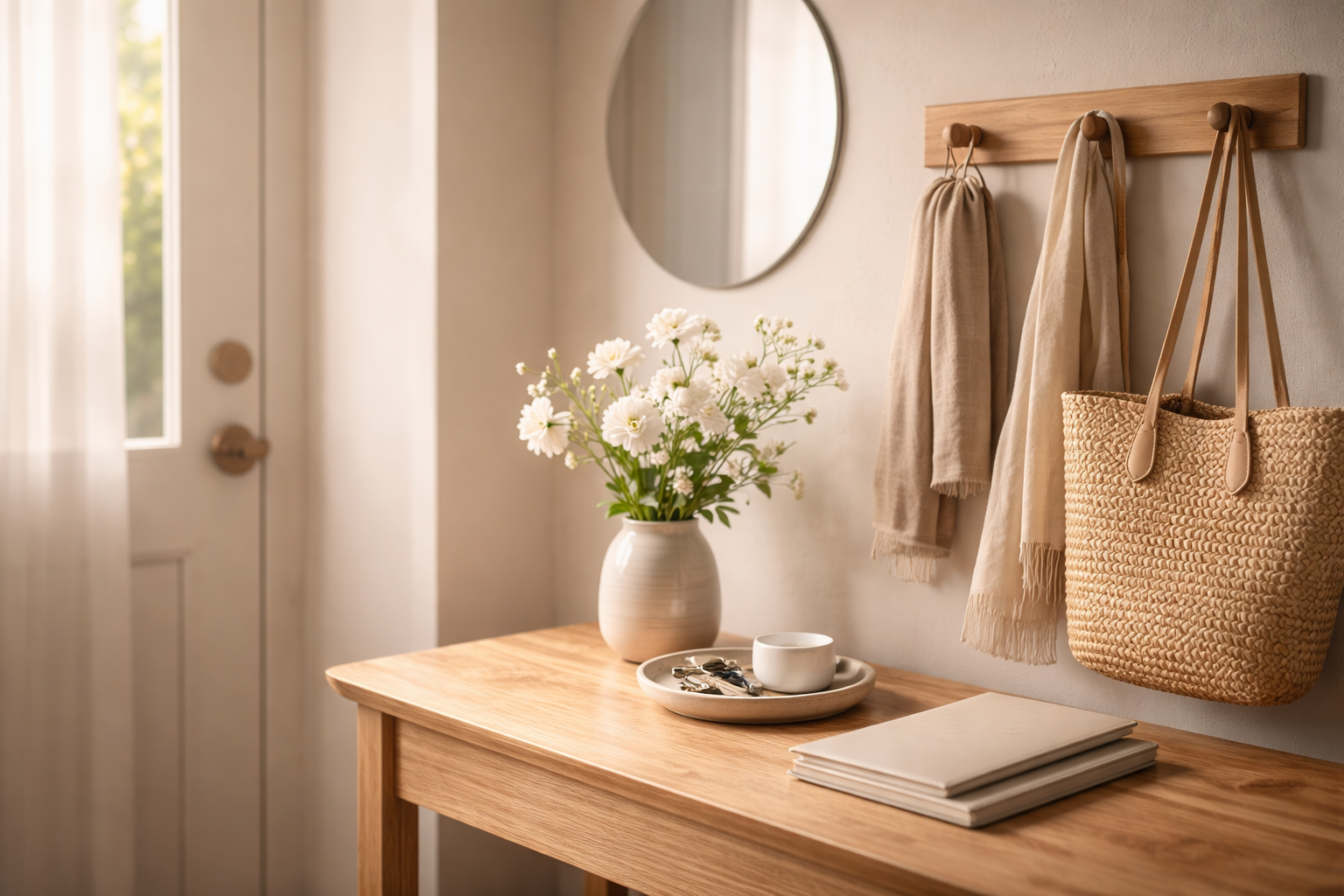 A wooden table with a white vase of white flowers, a small white bowl, a small white cup, and a stack of white papers or notebooks inside a room with natural light, beige wall, round mirror, and a coat rack with beige bags and scarves.