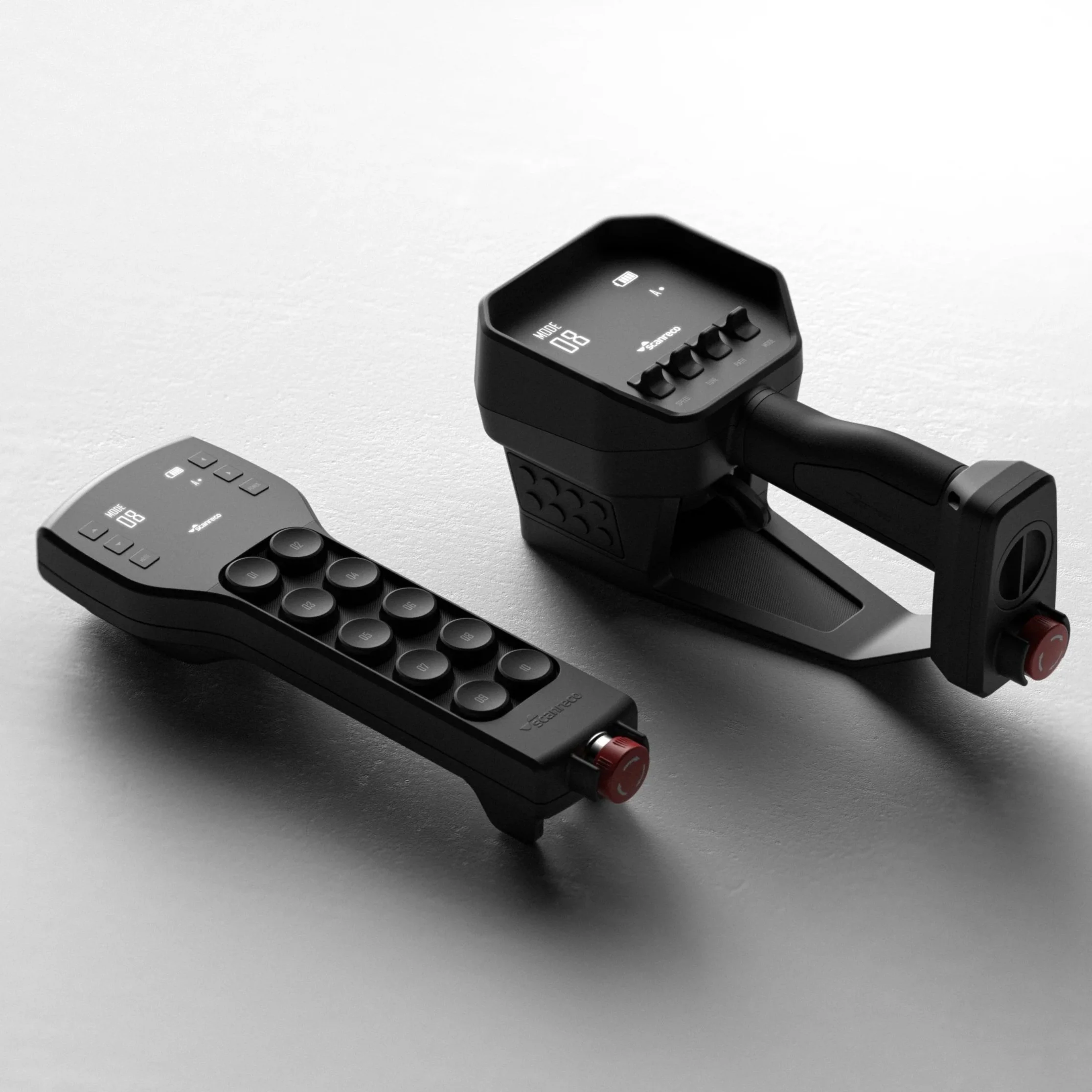 A racing simulation setup that includes a black racing wheel with a digital display and buttons, and a black pedal set with multiple pedals and a digital display, both placed on a light grey surface.