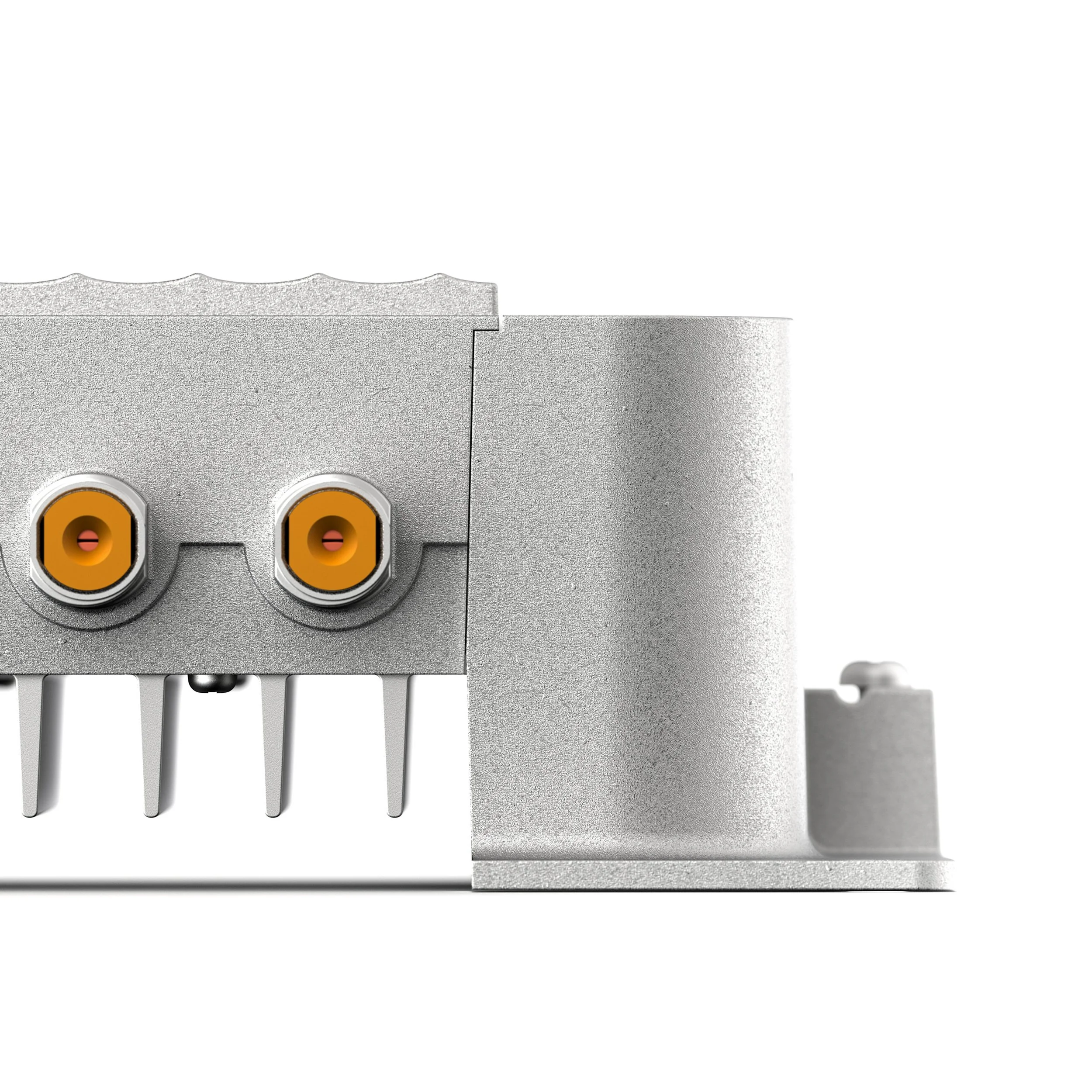 Close-up of a metallic electronic component with two orange electrical connectors and several metal pins against a white background.