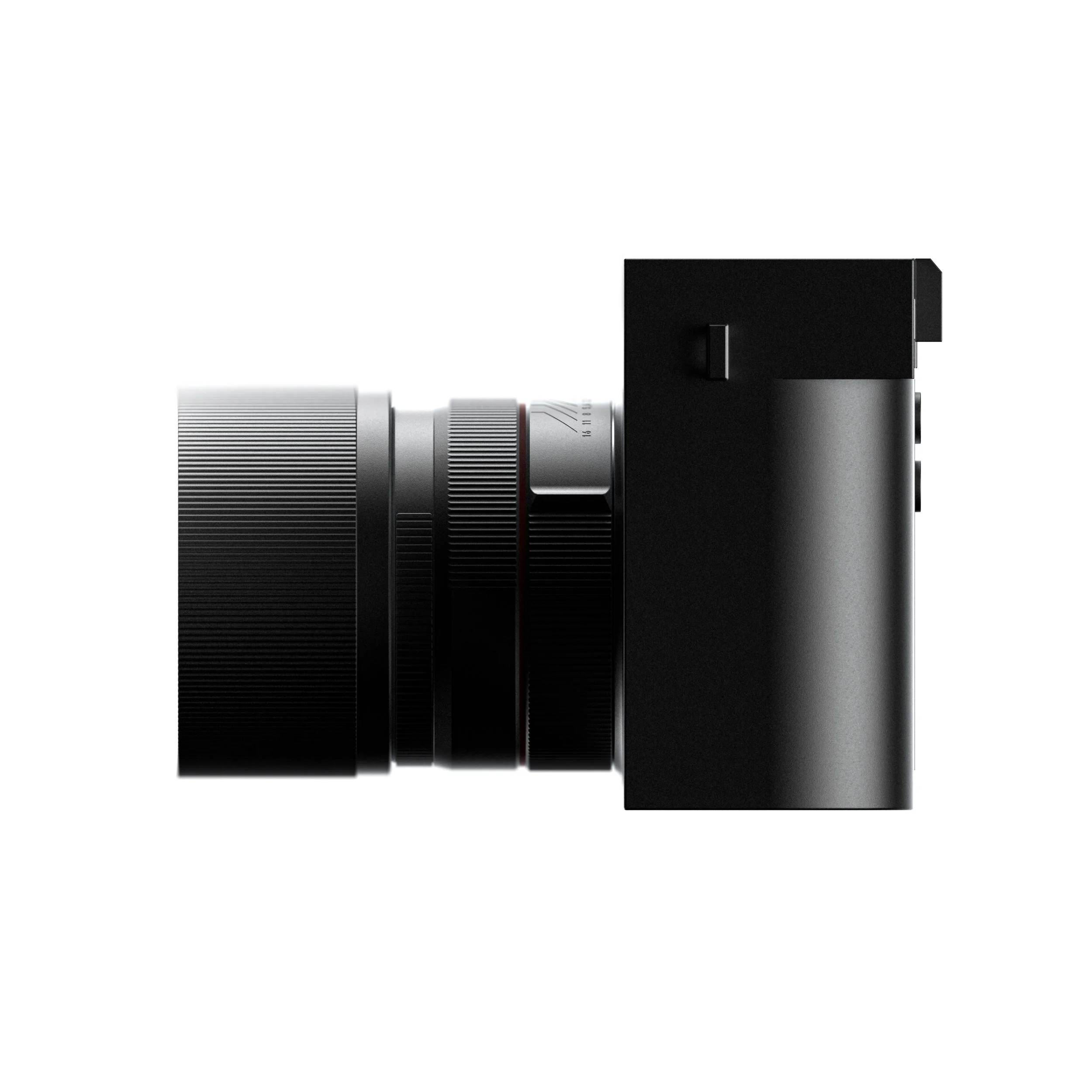 Close-up of a camera with a large lens and black body against white background.