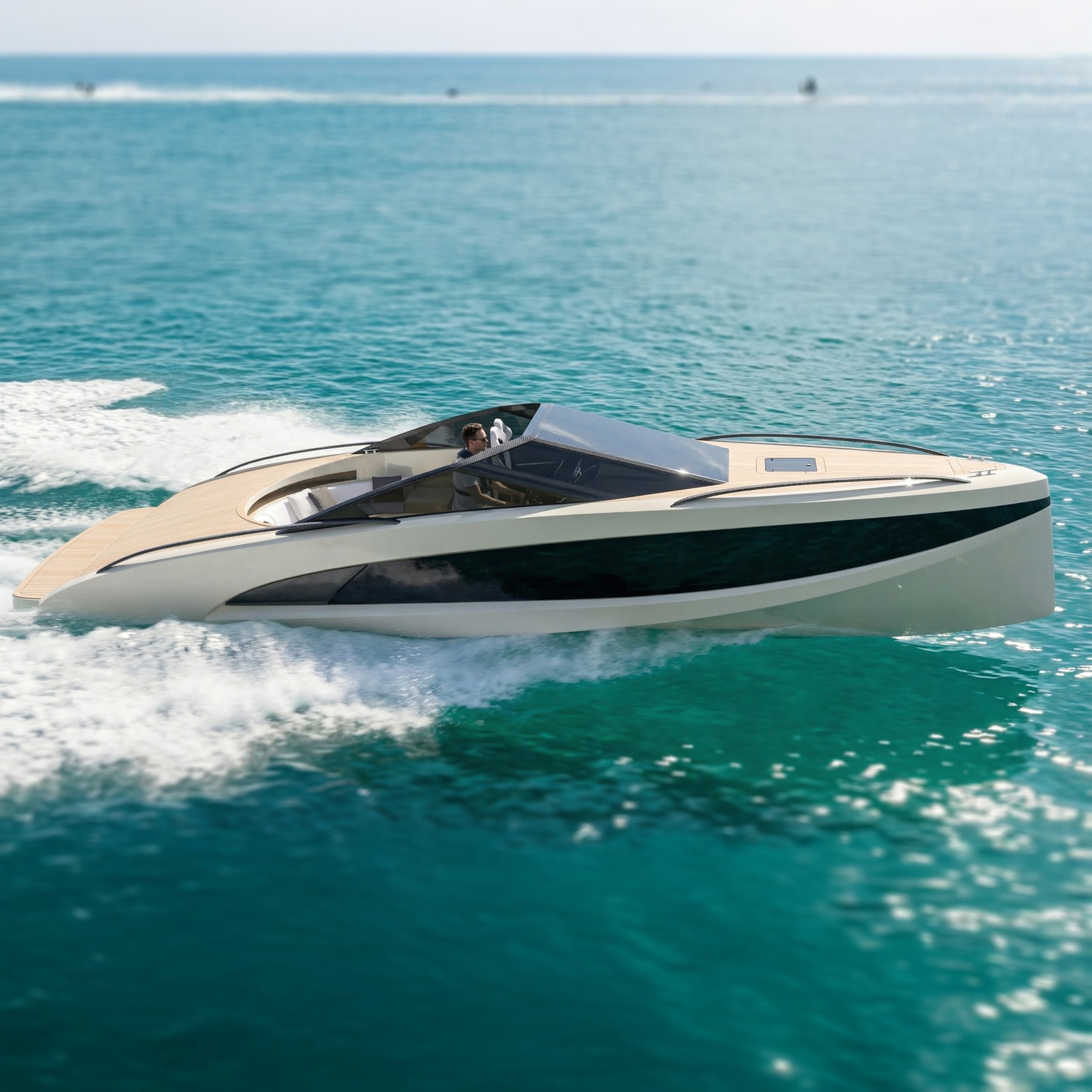 A luxury motor yacht with sleek black and white design speeding across turquoise ocean water, with a person at the helm.