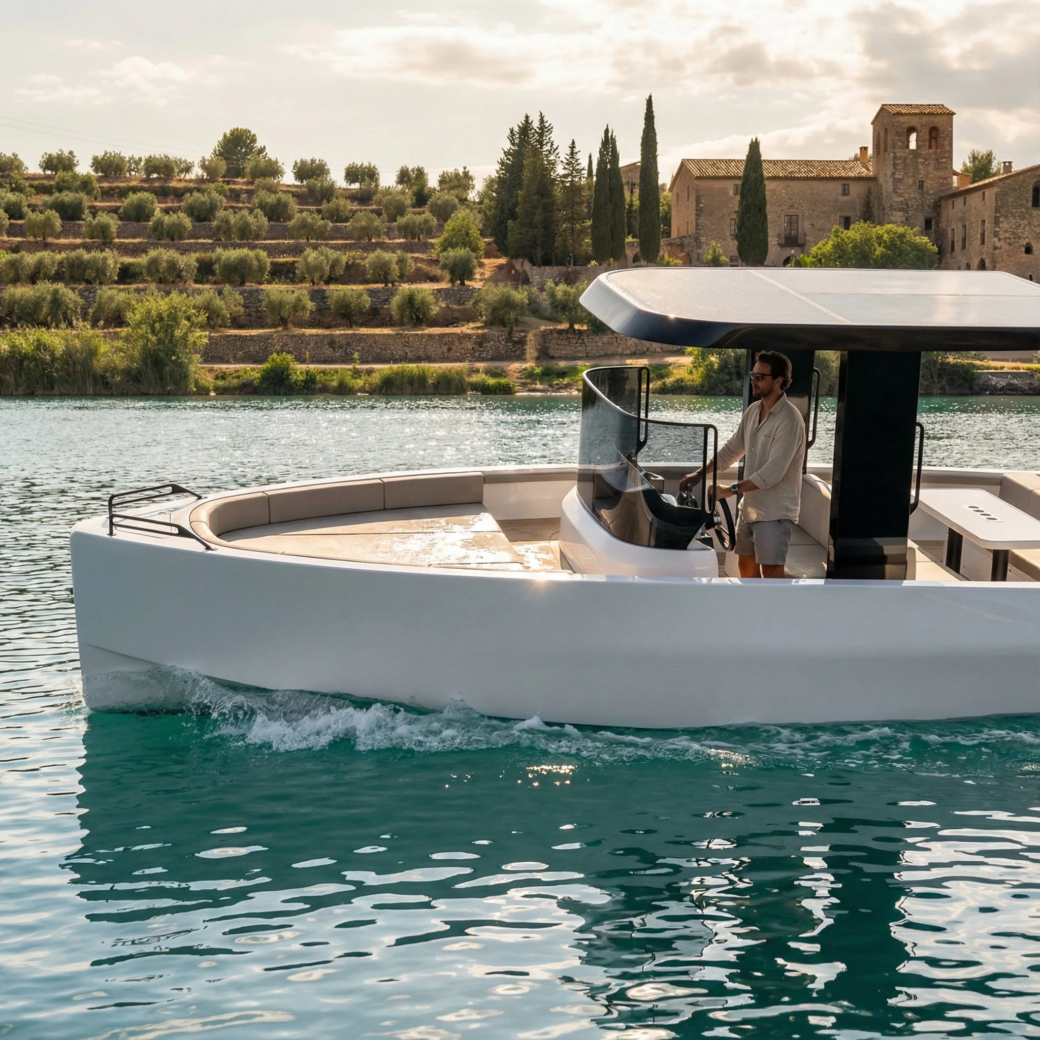 A man steering a modern motorboat on a calm river with a scenic hillside featuring trees and a stone house in the background.