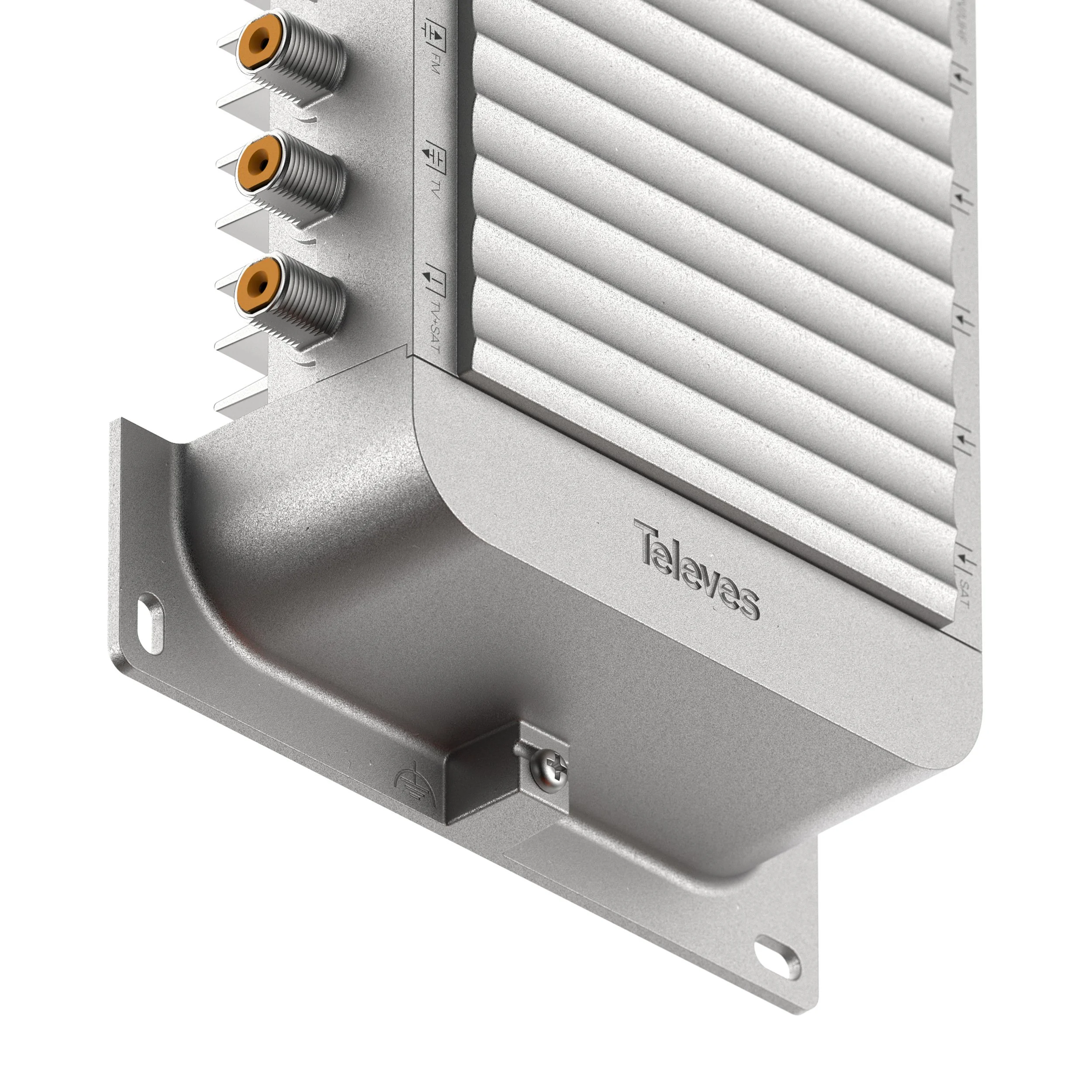 Close-up of a zinc electronic device with three orange and zinc RF connectors on one side and a heatsink, marked with the brand name 'Televes'.