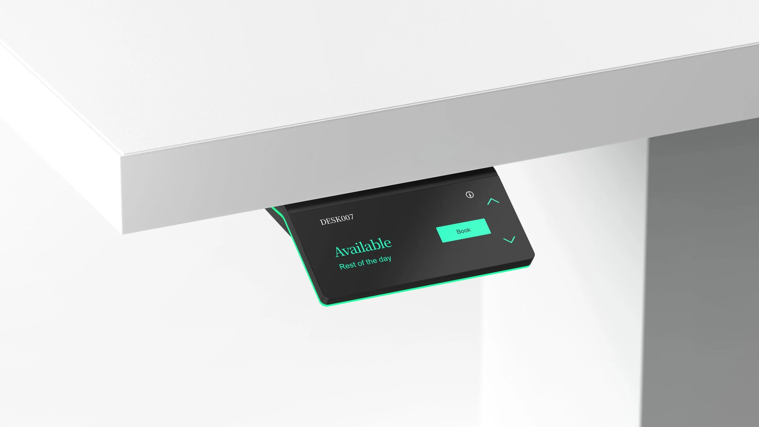 Digital reservation screen displaying availability for a desk, with a 'Book' button.