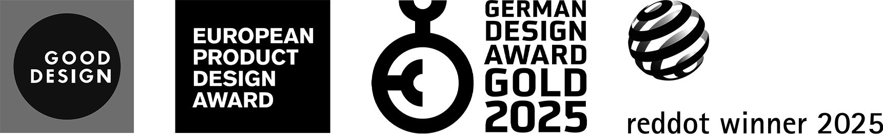 Graphic with a black background, featuring a black circle with white text that reads "GOOD DESIGN" on the left, and white text that reads "EUROPEAN PRODUCT DESIGN AWARD" on the right, along with a black and white striped spherical object in the upper right corner.