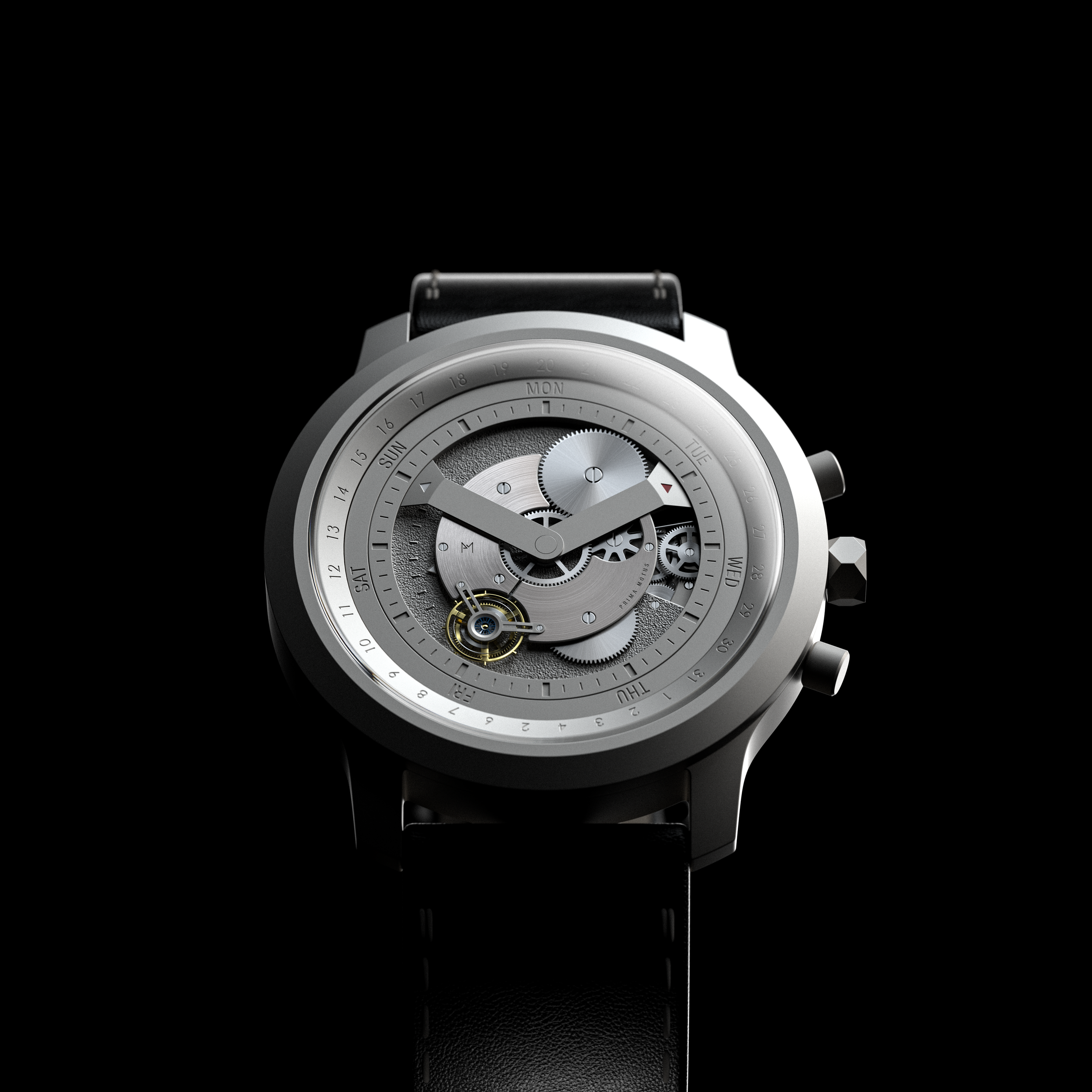 A modern luxury wristwatch with a detailed skeleton dial showing gears and mechanics, black leather strap, and a black background.