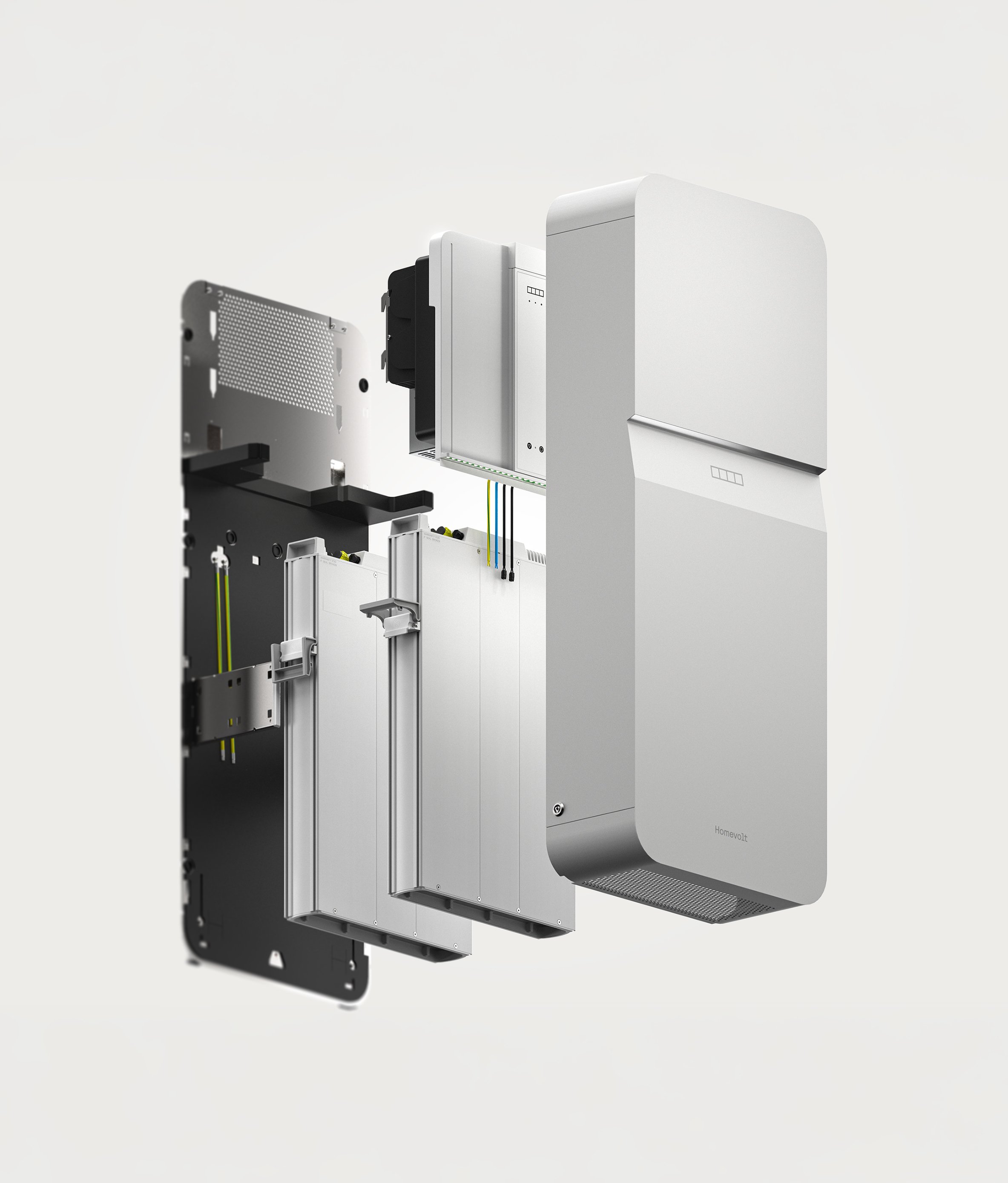 A disassembled modern home security system showing internal components including circuit boards and wiring.