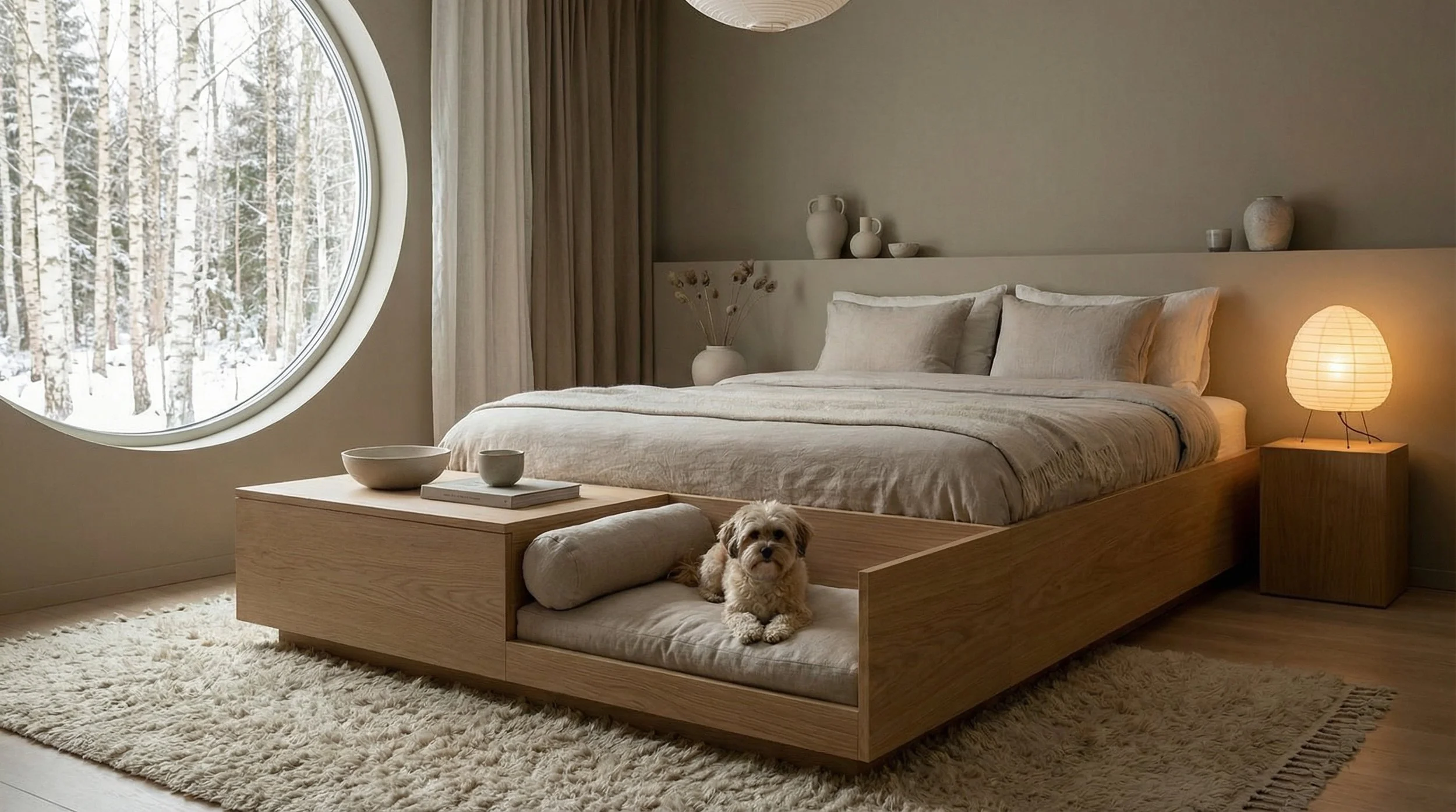 A cozy bedroom with a large round window showing snow-covered trees outside, a neatly made bed with beige bedding, a nightstand with a lamp, decorative vases, and a small dog sitting on a cushioned bench at the foot of the bed.