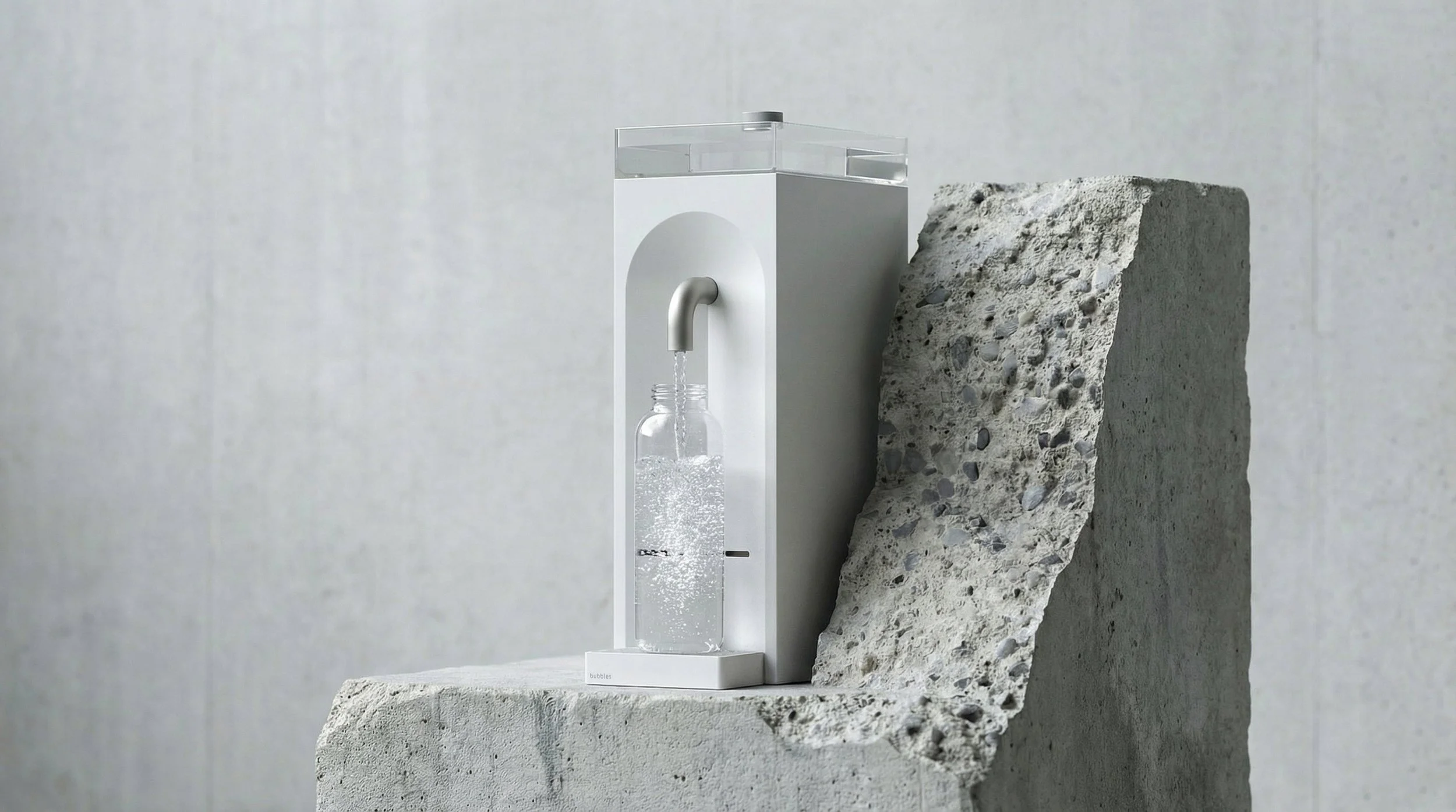 A water dispensing machine with a bottle underneath, pouring clear water into it, placed on a concrete surface with a textured concrete block to its right, against a plain light gray background.