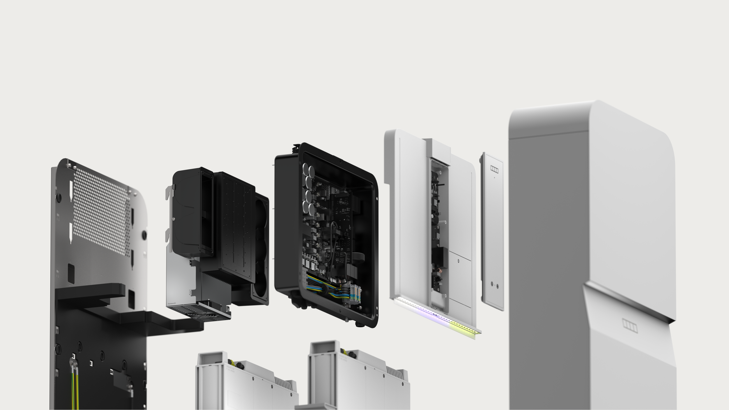 Exploded view of electronic device components, including circuit boards, metal casing, and internal structures.