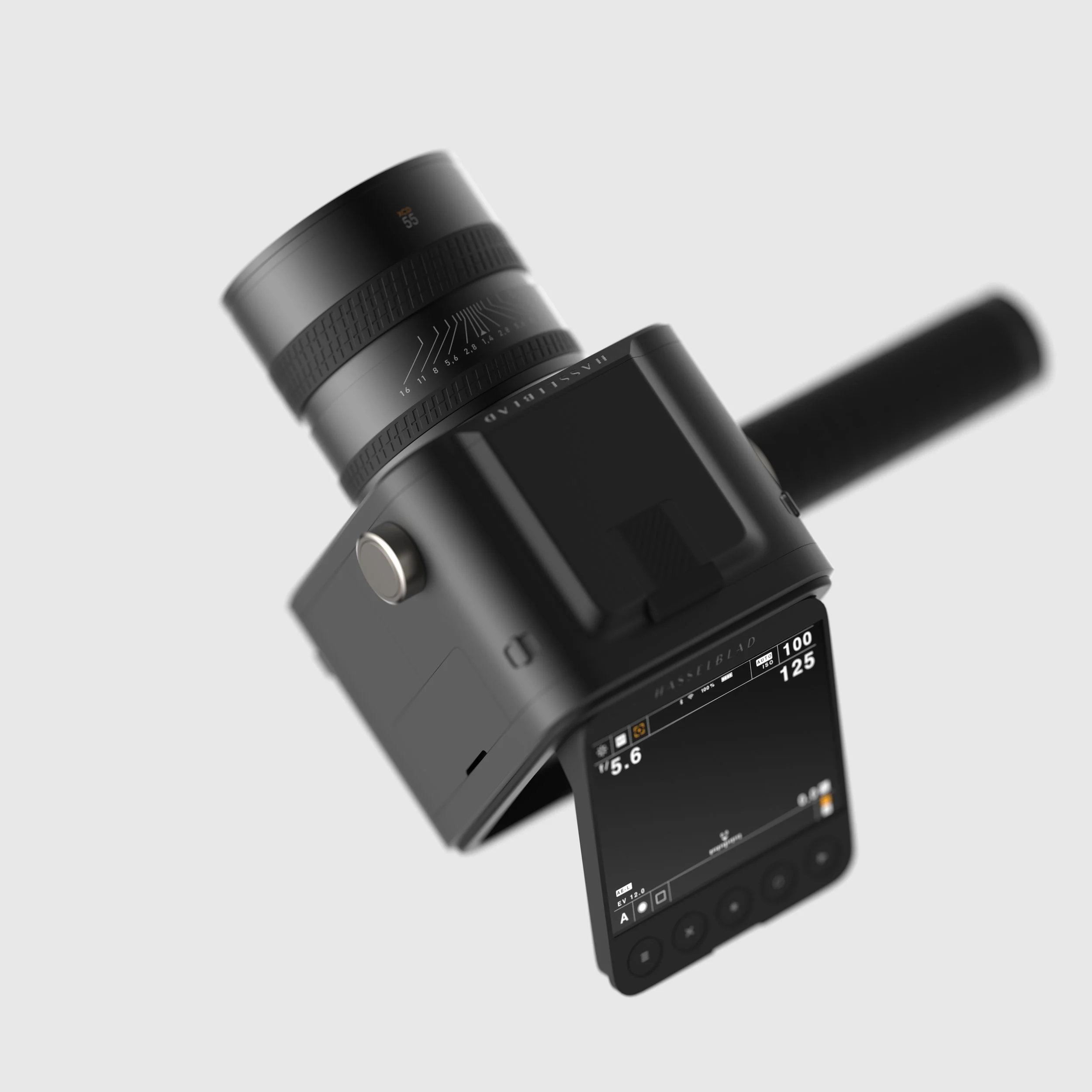 A modern mirrorless digital camera with a flip-out screen showing camera settings, a lens attached, and a black grip handle.