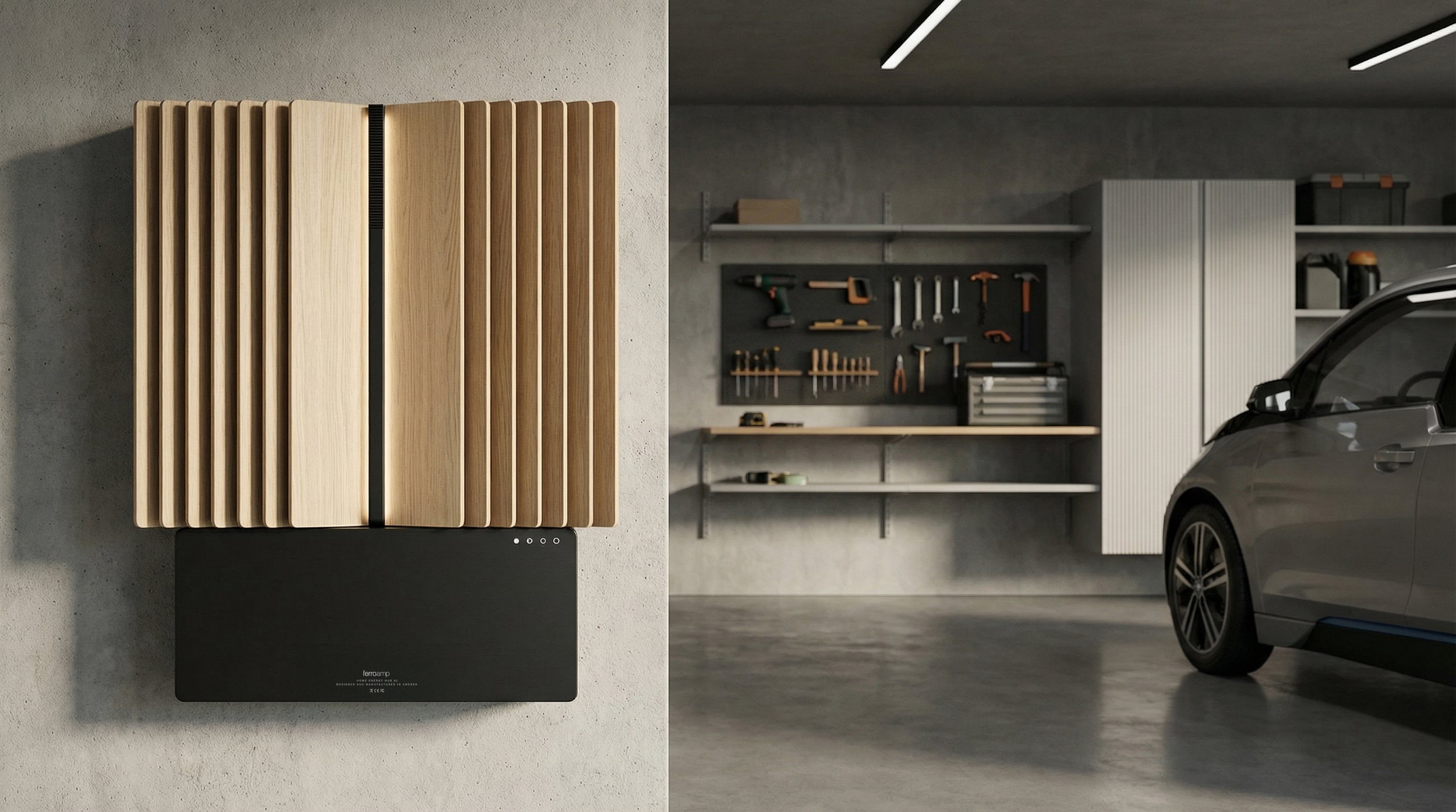 A modern garage interior with a sleek electric car parked to the right, concrete walls, and a large white storage cabinet. On the left, a wall-mounted wooden acoustic panel with vertical slats and a black soundbar below it.