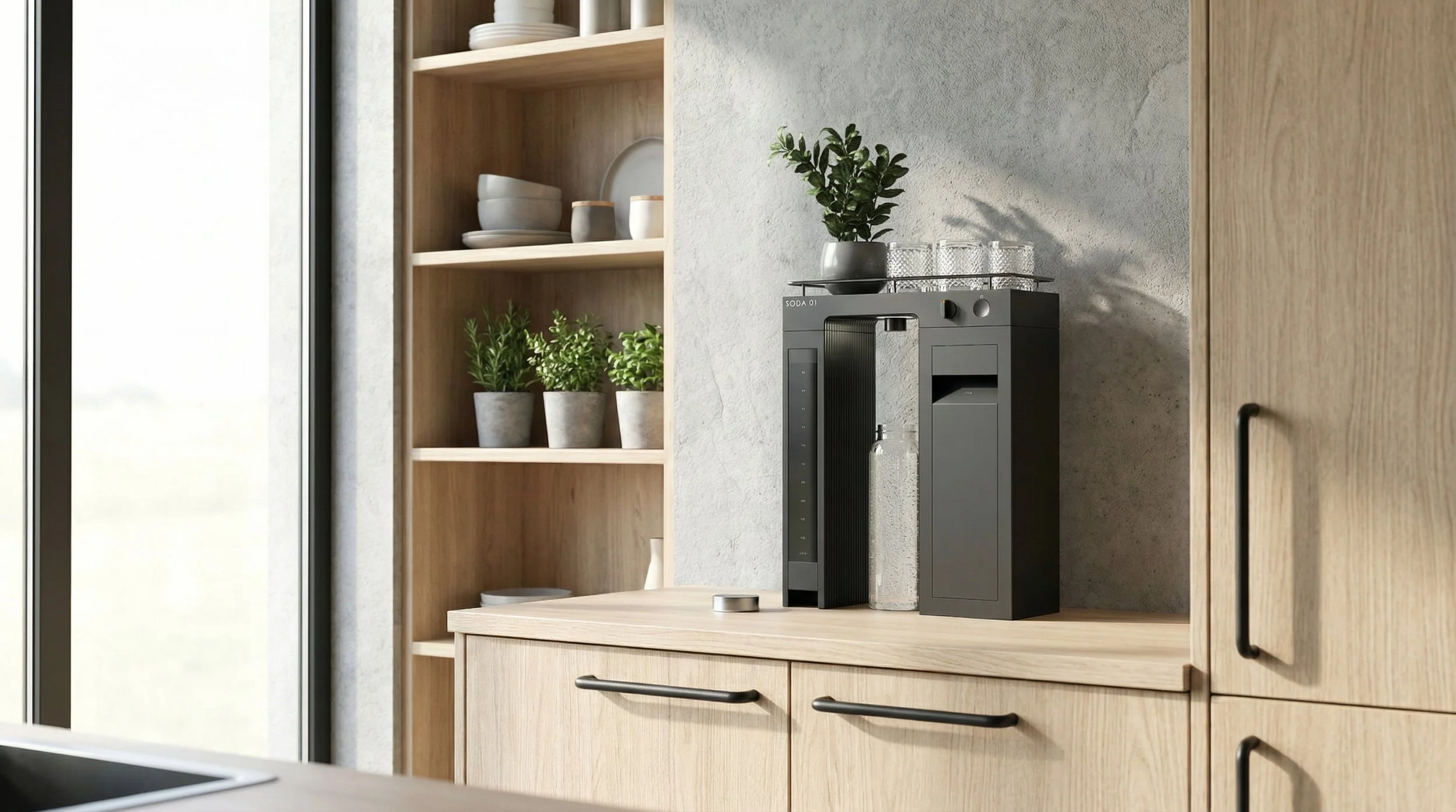 Kitchen with wooden cabinetry, shelves with plates and bowls, potted plants, countertop with a soda machine, glass bottle, and glass cups.