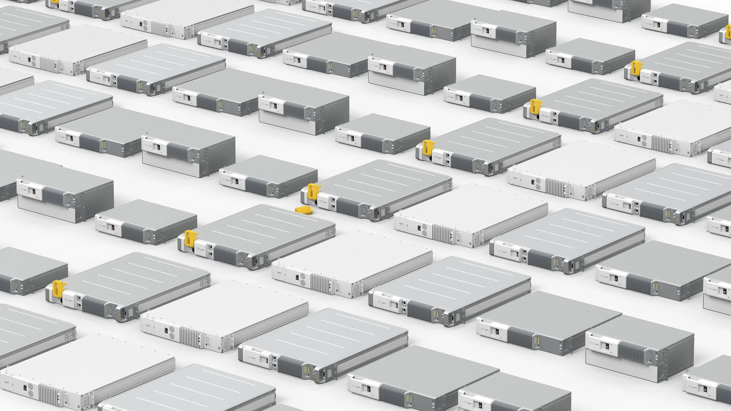 Multiple stacked of power supplies with yellow handles arranged in a grid pattern.