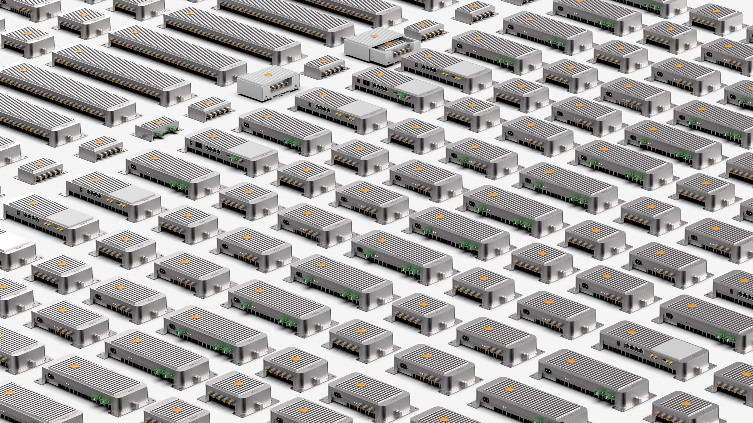 Multiple server power supplies arranged in rows on a white surface.