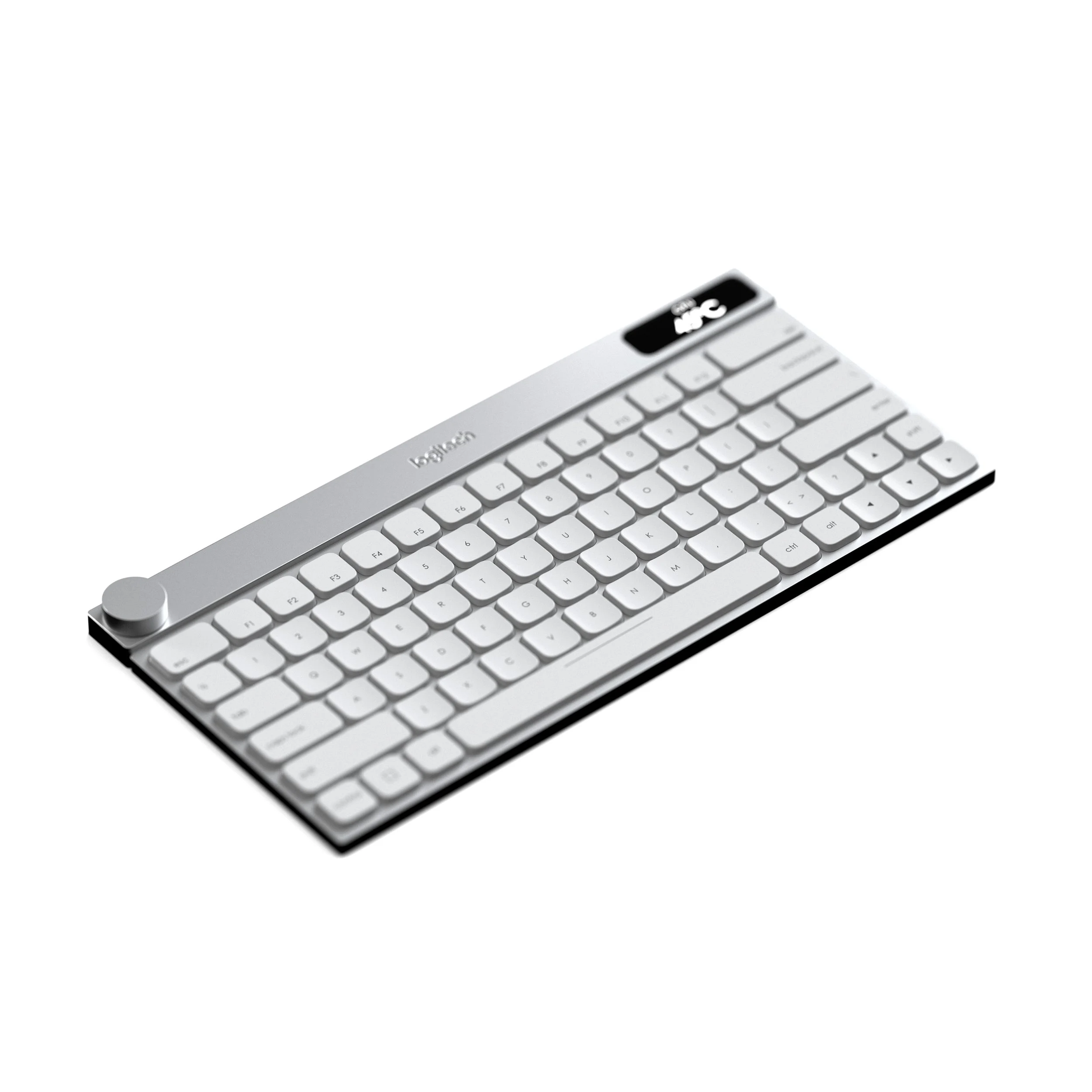 Wireless keyboard with white keys and a trackpad in the top right corner, set against a white background.