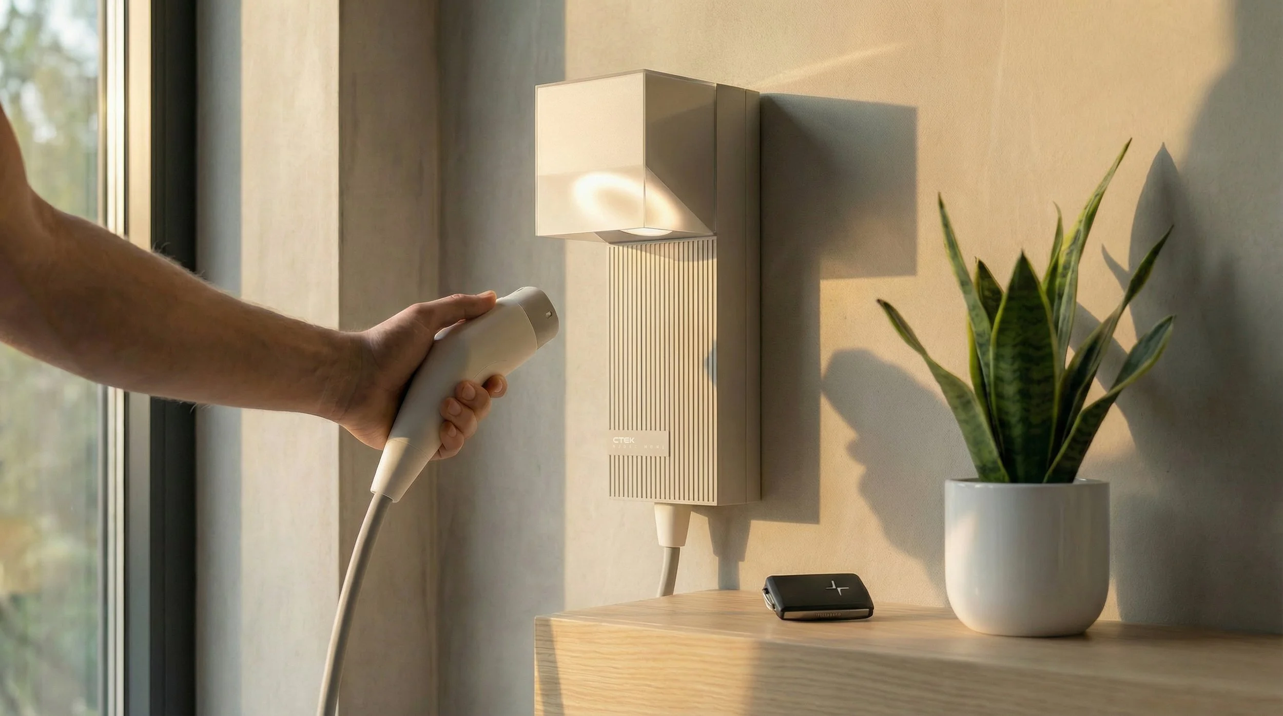Hand holding a white steam cleaner pointed at a wall mounted heater next to a potted plant on a wooden surface.