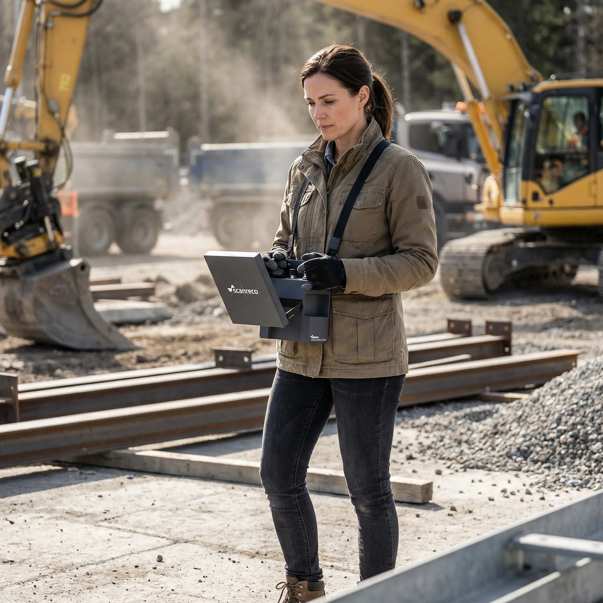 A woman inspecting a construction site using a scanner device, with construction equipment and tracks in the background.