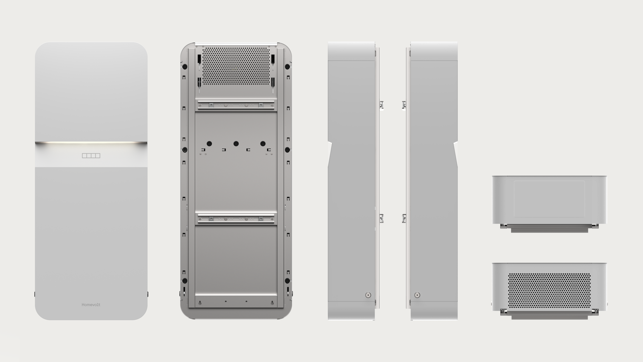 Disassembled electronic device with five parts: front panel, internal frame, side panels, top cover, and bottom cover, all in gray color.