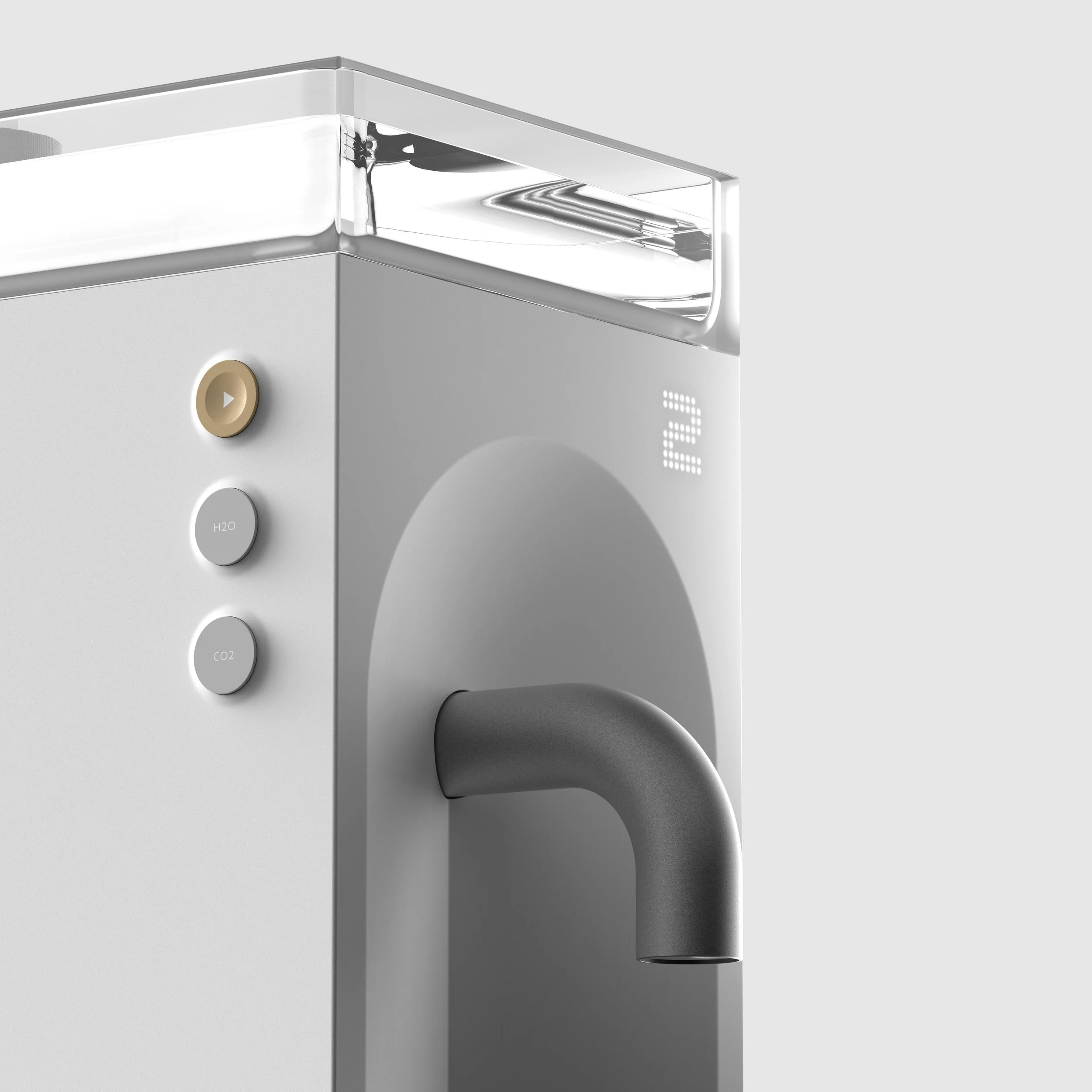 Close-up of a modern water dispenser with buttons labeled 'H2O' and 'CO2', a water spout, and a digital display showing the number 2.