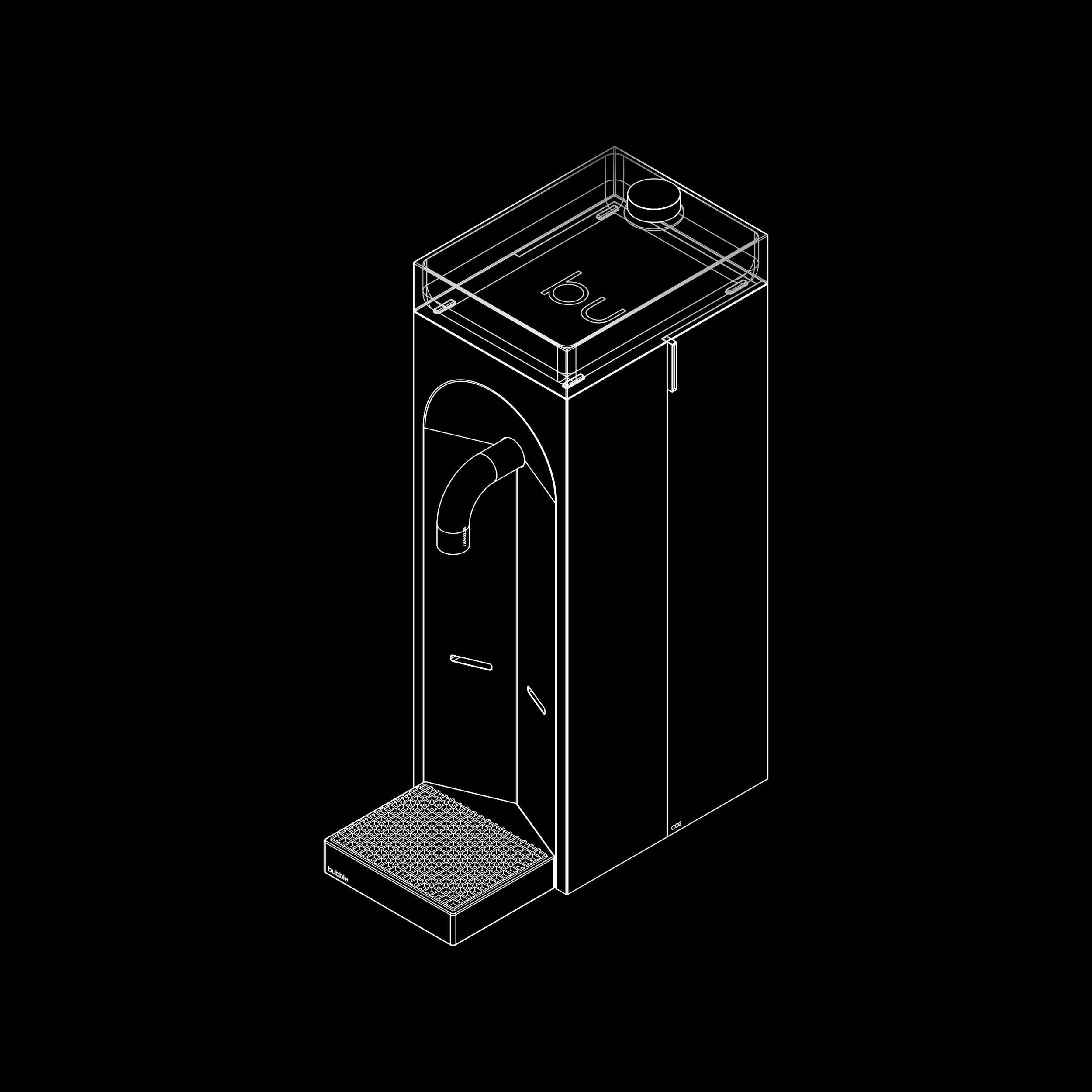 Line drawing of a soda dispenser with a bubble tab, a large spout, a drip tray at the base, and a transparent lid on top with the 'bub' logo.