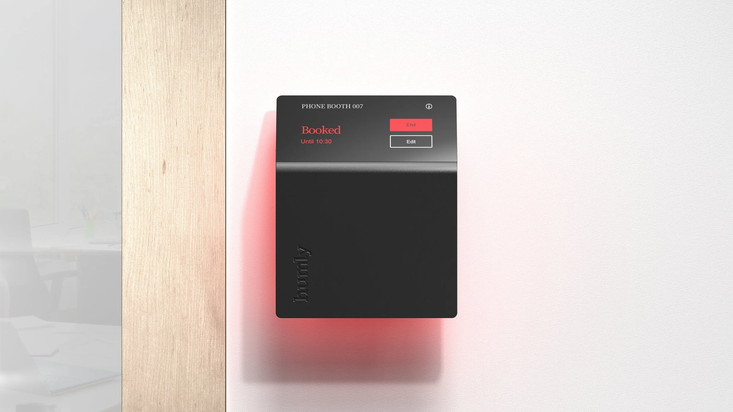 A modern elevator call panel with a display indicating the elevator is booked until 10:30, featuring two buttons labeled 'End' in red and 'Edit' in white, mounted on a wall with a wood finish.