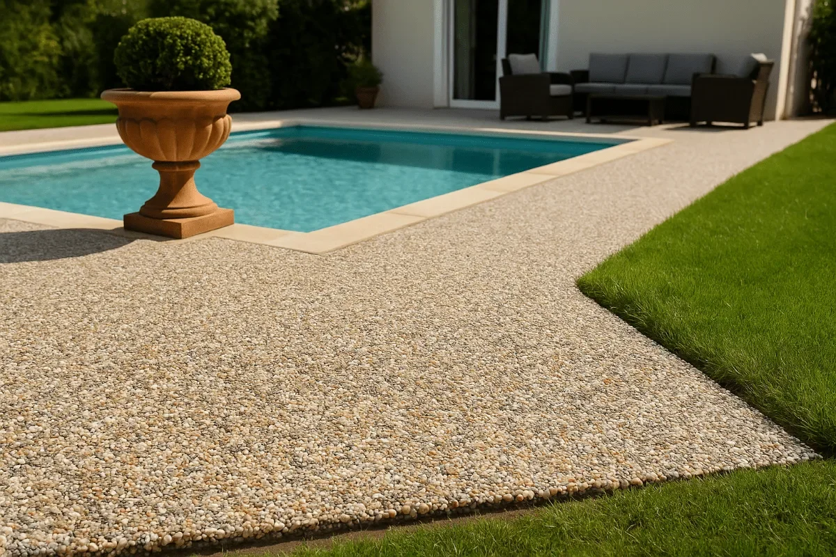 Piscine extérieure avec terrasse en béton désactivé, pelouse verte et mobilier de jardin noir avec coussins
