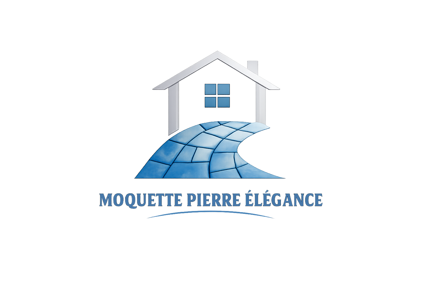 Logo d'une entreprise nommée 'Moquette Pierre Élégance' avec une illustration d'une maison et un chemin courbé en mosaïque bleue devant la maison.