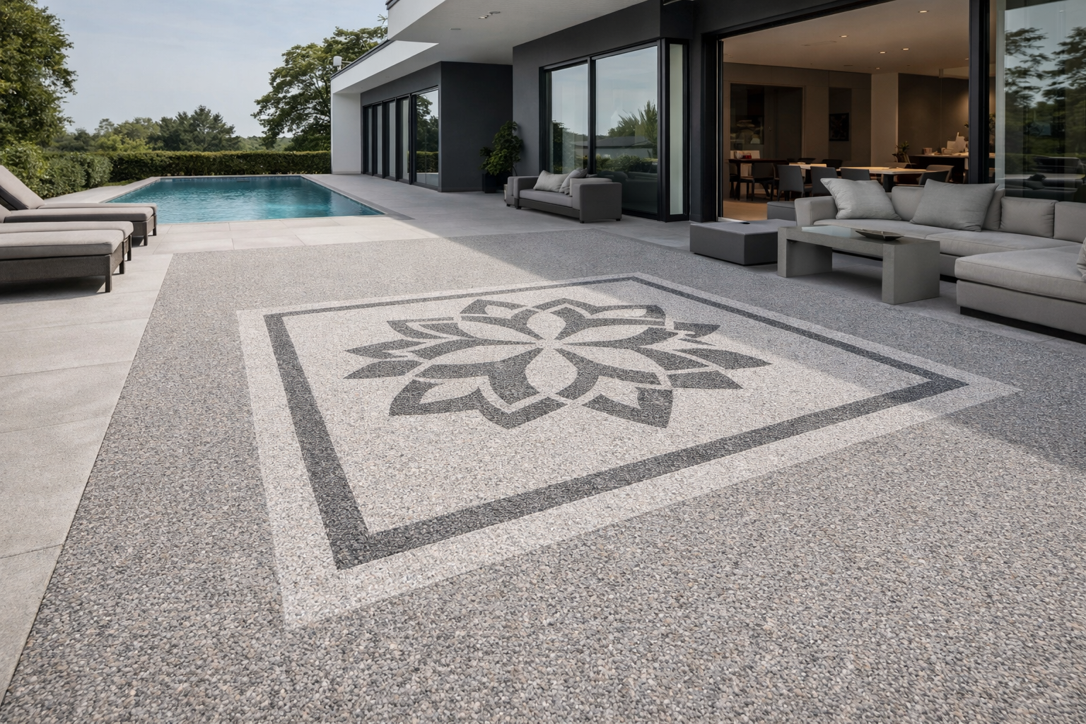 Terrasse moderne avec piscine, mobilier extérieur gris, intérieur visible à travers de grandes fenêtres, motif de mosaïque sur le sol.