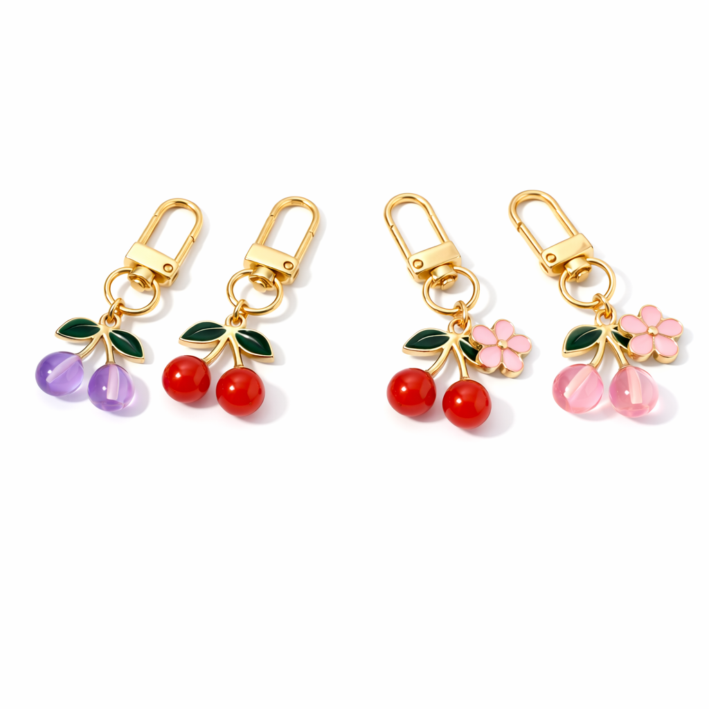 Porte-clés cerises jumelles avec fleur – Accessoire