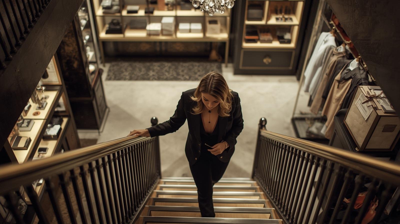 A woman with blond, shoulder-length hair wearing a black blazer and black pants is ascending a staircase inside a luxury store, looking downward and holding onto the railing.