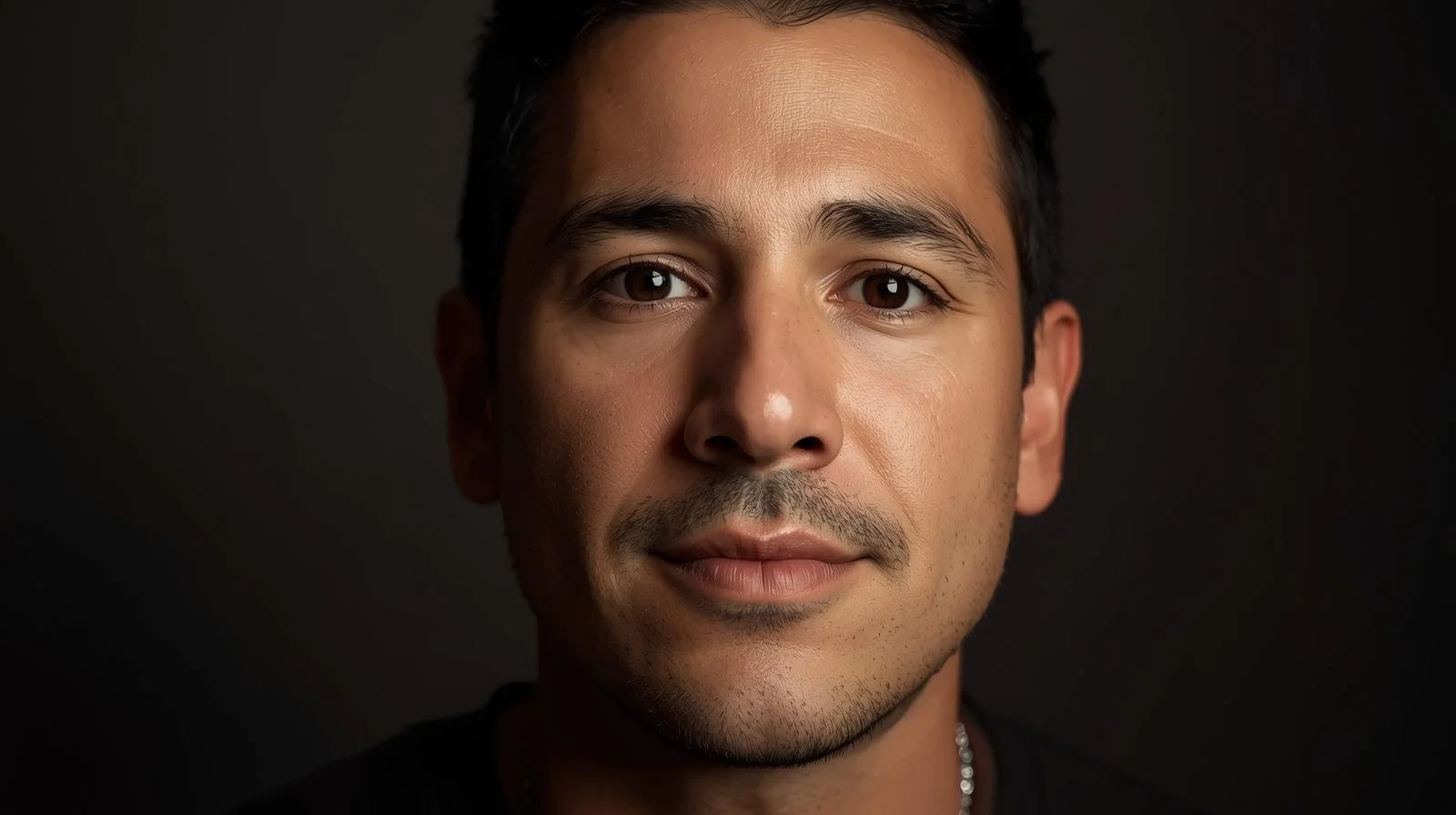 Close-up portrait of a young man with dark hair and light brown eyes, seen against a dark background.