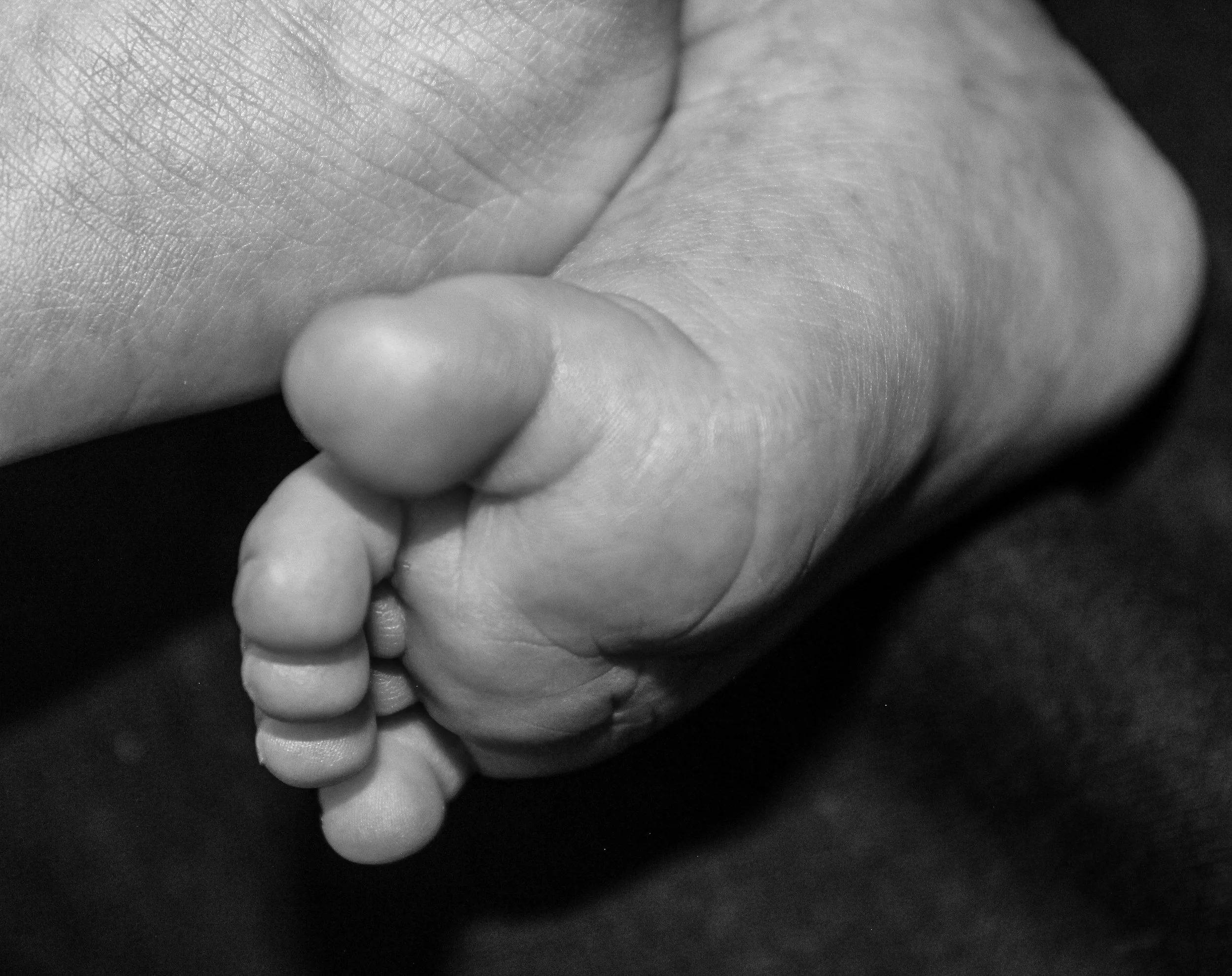 Close-up black and white photo of a baby's foot with tiny toes.