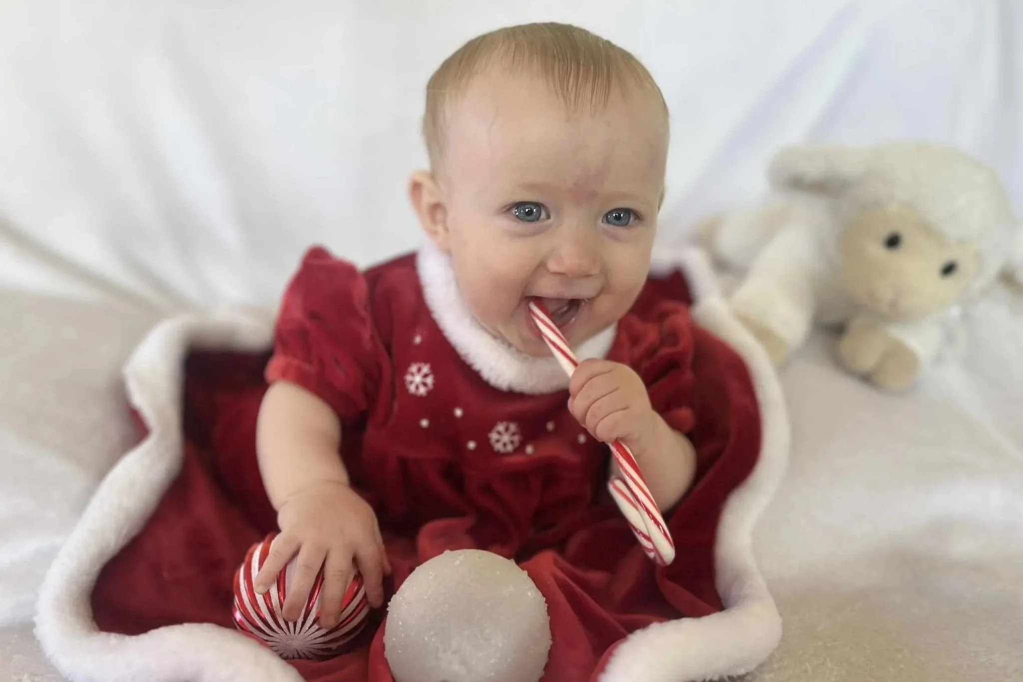 Baby in a red Christmas dress holding a candy cane, surrounded by Christmas decorations, with a plush sheep toy nearby.