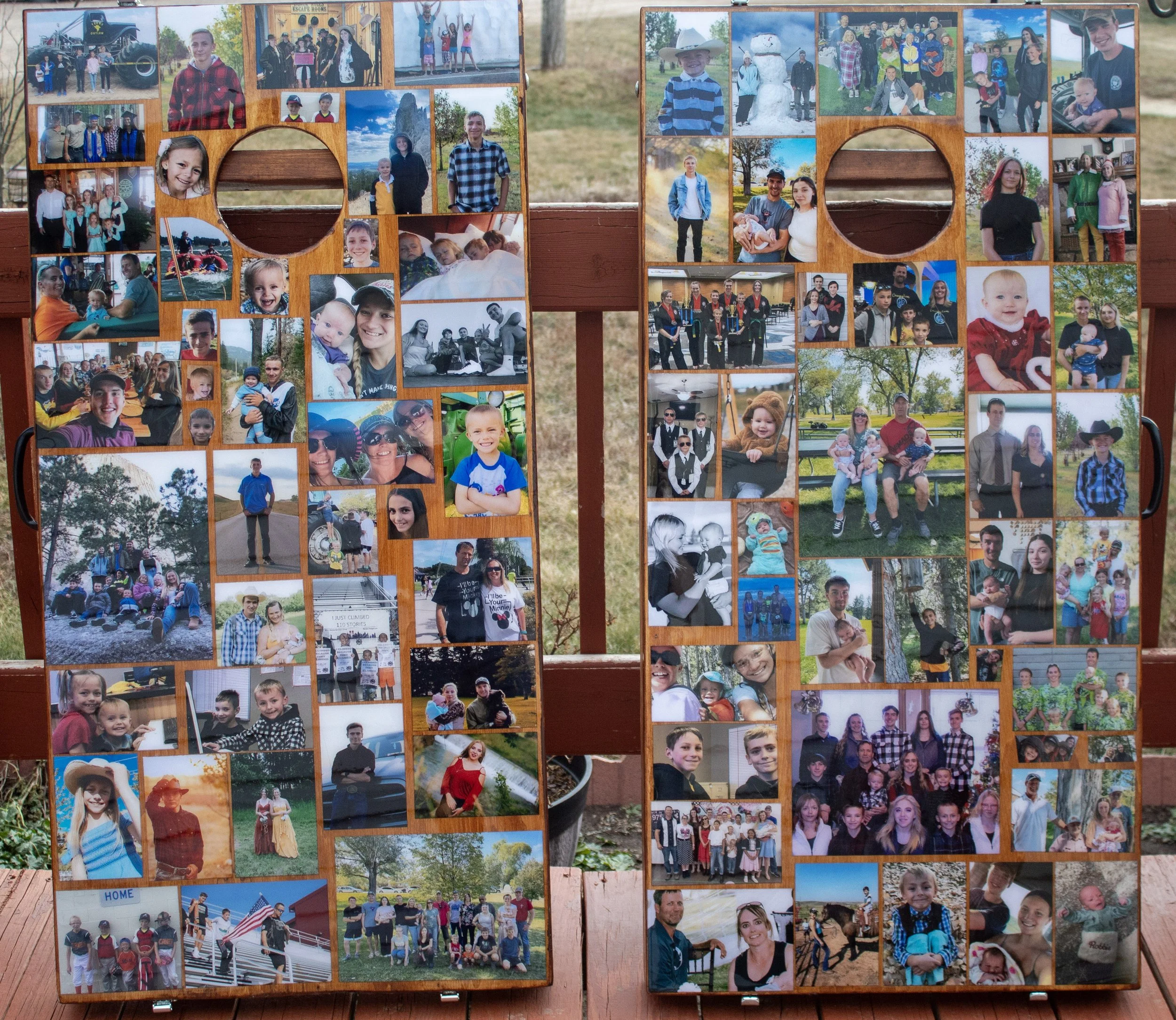 Two wooden cornhole boards filled with numerous family and friends photos, showcasing various portraits, group gatherings, children, and outdoor activities.