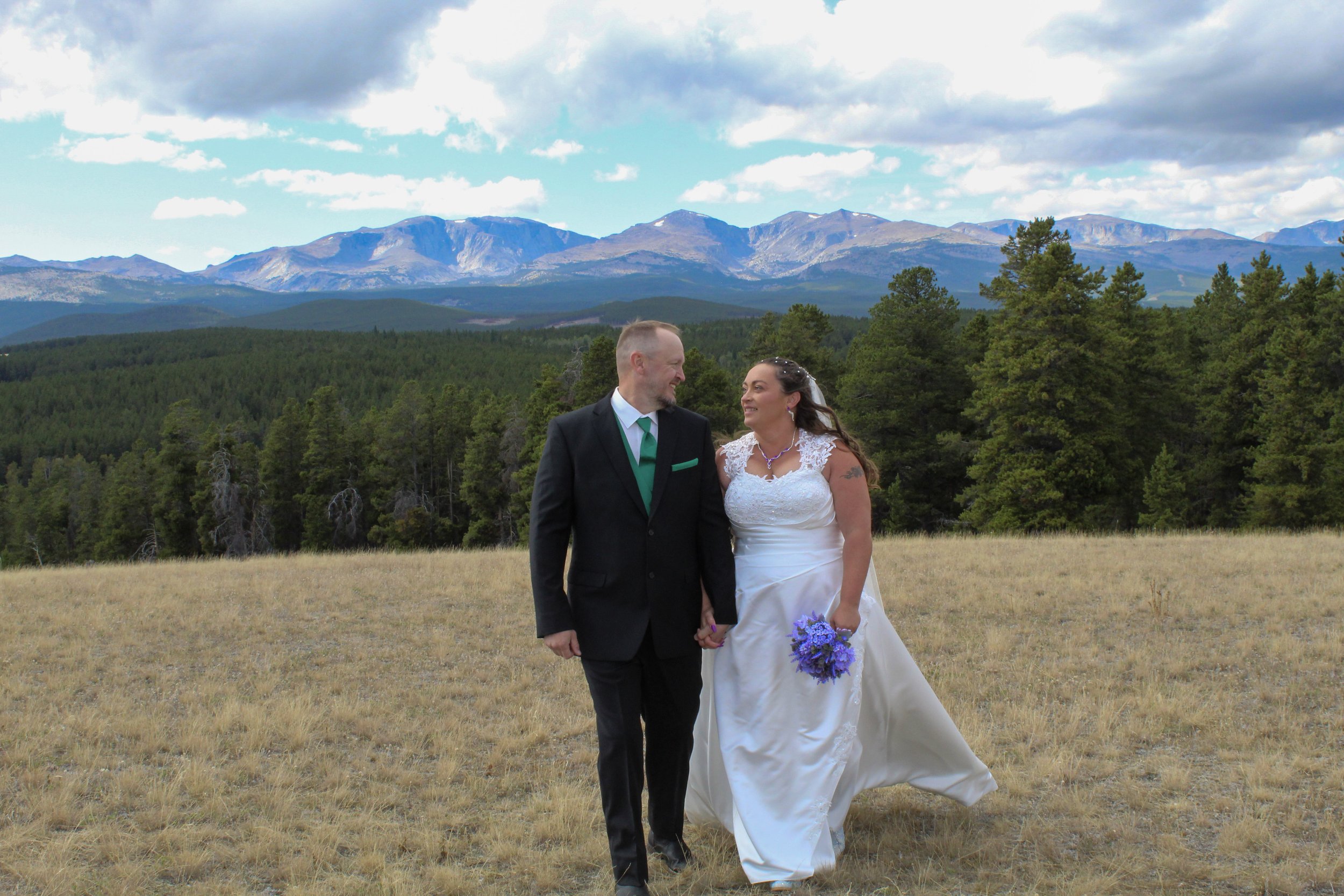A newlywed couple walking hand in hand across a grassy field, with a forest of trees and a mountain range under a partly cloudy sky in the background.
